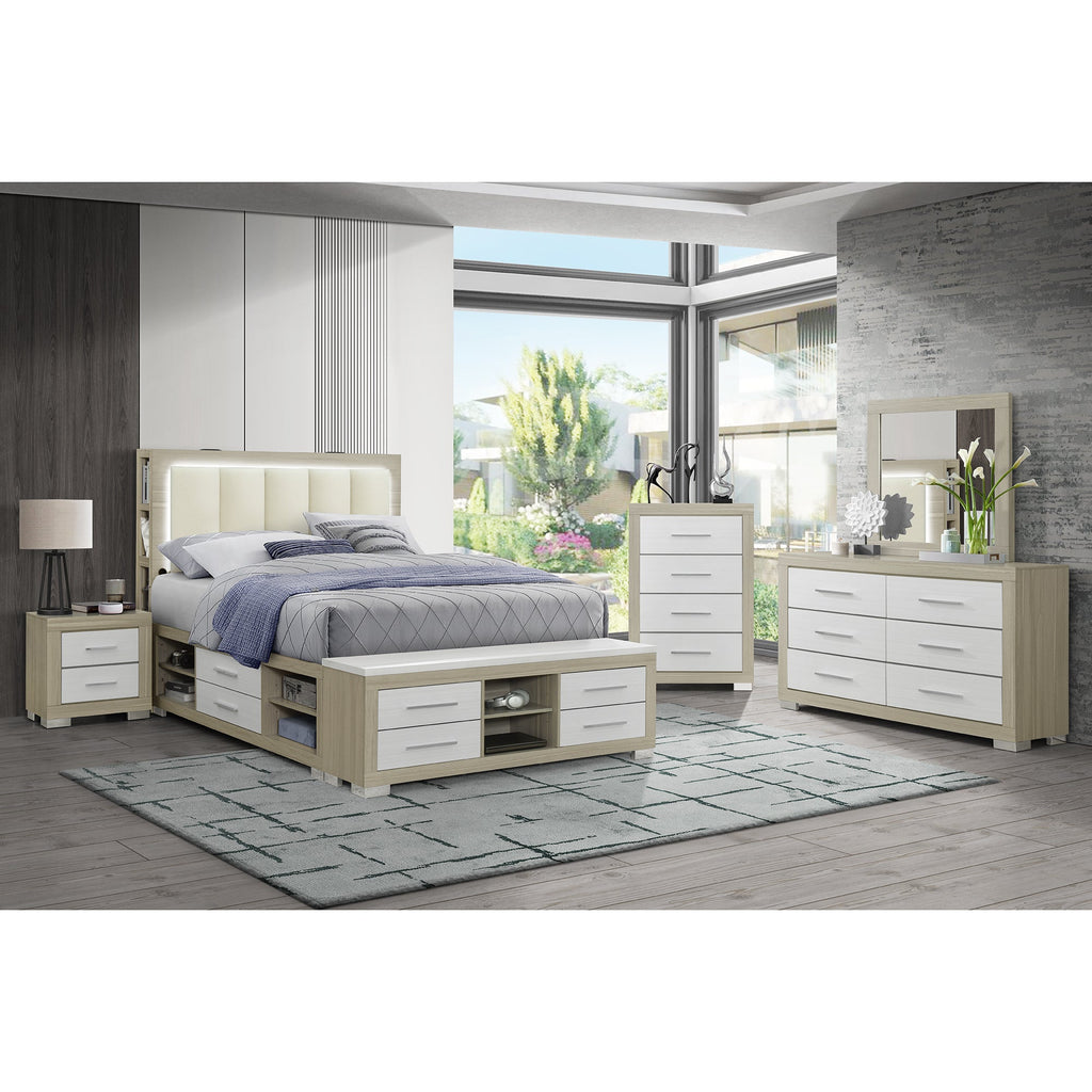 MESSA 5PC Natural-White King Bedroom Set with Bookcase Headboard and Storage in Rubber Wood