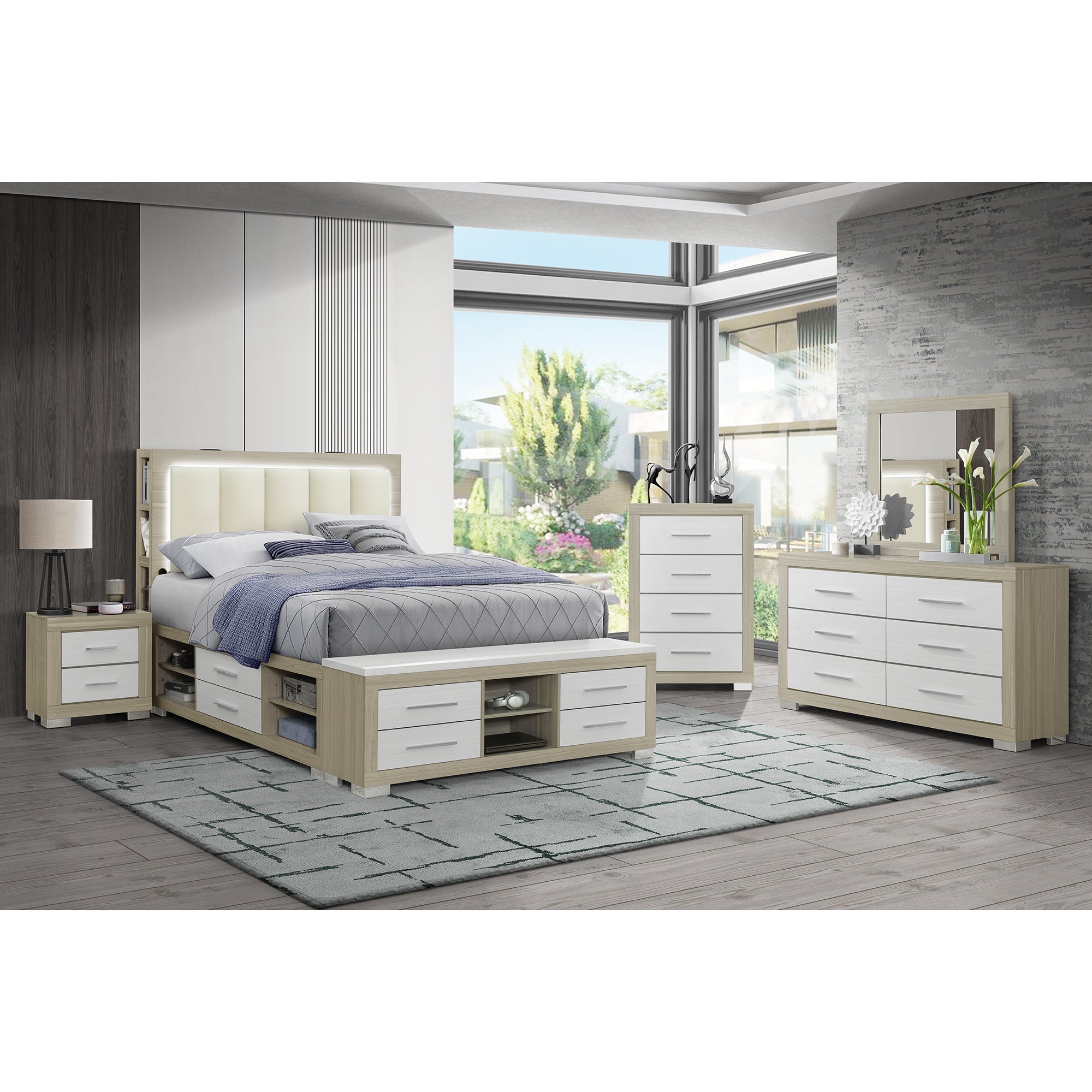 MESSA 5PC Natural-White King Bedroom Set with Bookcase Headboard and Storage in Rubber Wood