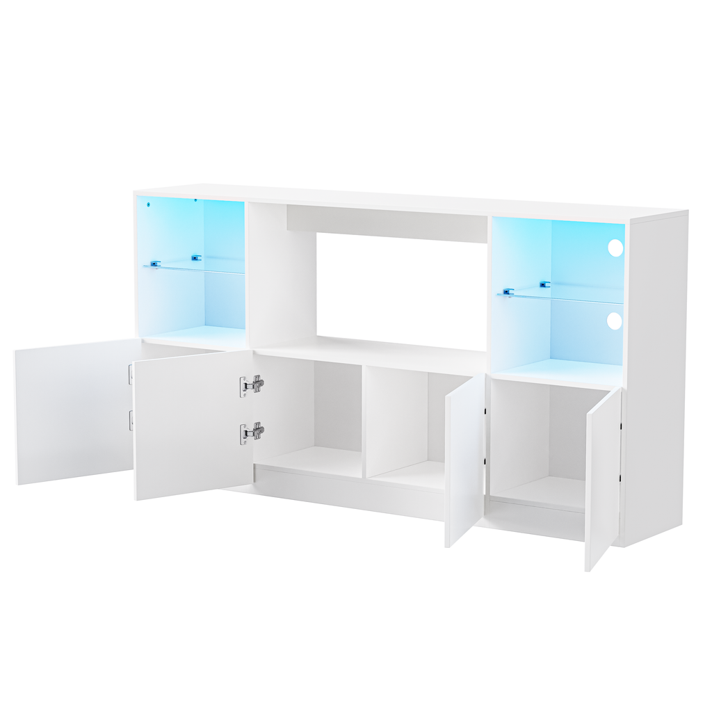 ON-TREND High Gloss TV Stand with LED Lights, Modern Sideboard with Large Storage Cabinet, Media Console with Tempered Glass Shelves for TVs up to 75', Living Room, White, 67'Wx13.7'D
