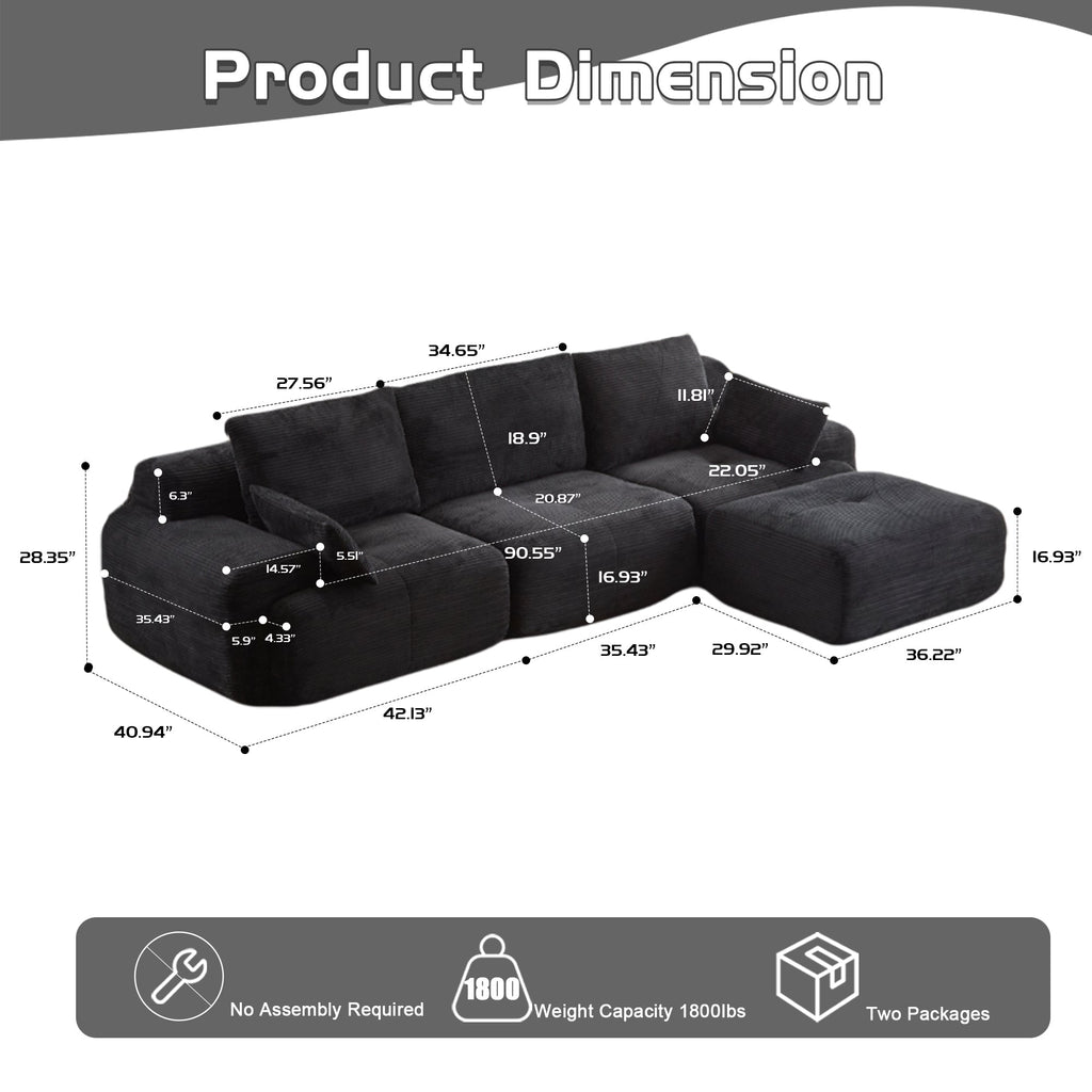 Modern Memory Foam Compressed Sofa,Large Sectional Couches for Living Room,Pet-Friendly Cloud Modular Sectional Sofa,Corduroy Fabric,Extra Deep Loveseat,No assembly required, Black