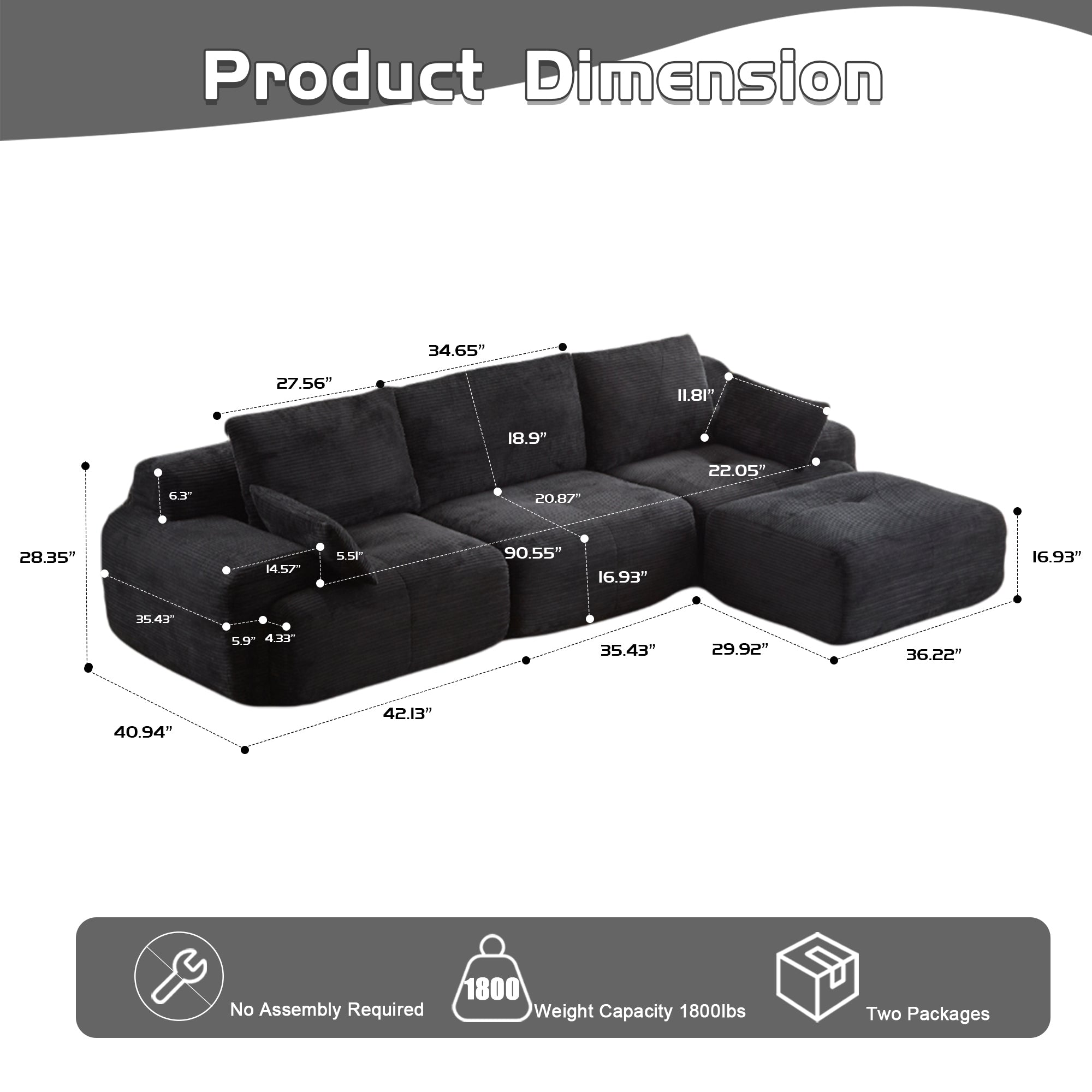 Modern Memory Foam Compressed Sofa,Large Sectional Couches for Living Room,Pet-Friendly Cloud Modular Sectional Sofa,Corduroy Fabric,Extra Deep Loveseat,No assembly required, Black
