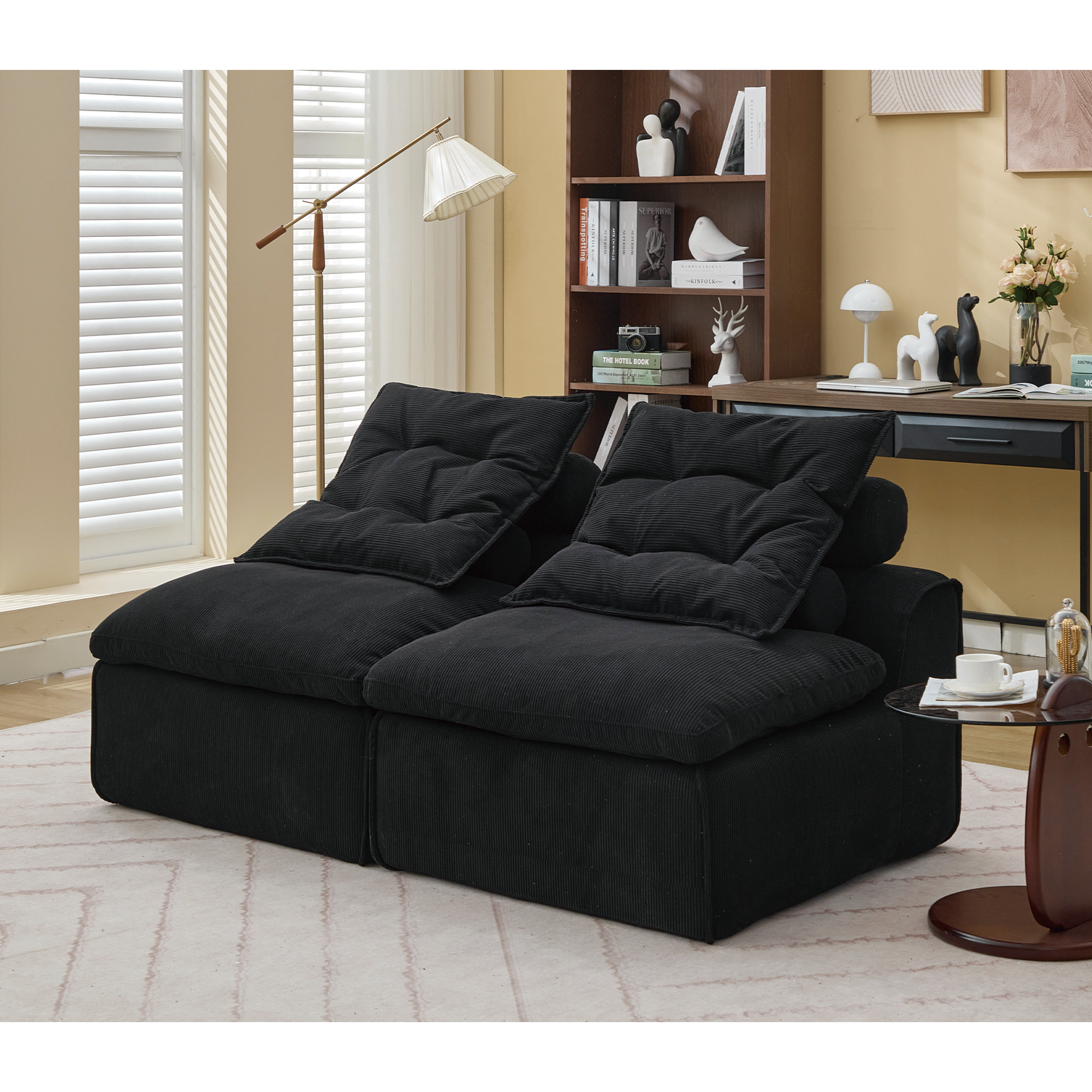 [NEW ARRIVED] [VIDEO PROVIDED]Modular Sofa,No Armrests,At will DIY,Soft Corduroy Fabric,Neck Pillow-Back Lounge Sofa Chair,Reading Nook, or Apartment Living, Lumbar Pillow,2 Seats,Upholstered,Black