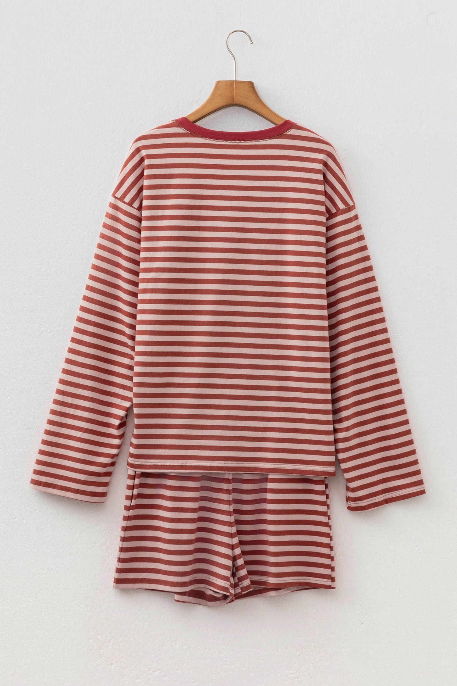 Stripe Contrast Long Sleeve Top & Elastic Waistband Short Set