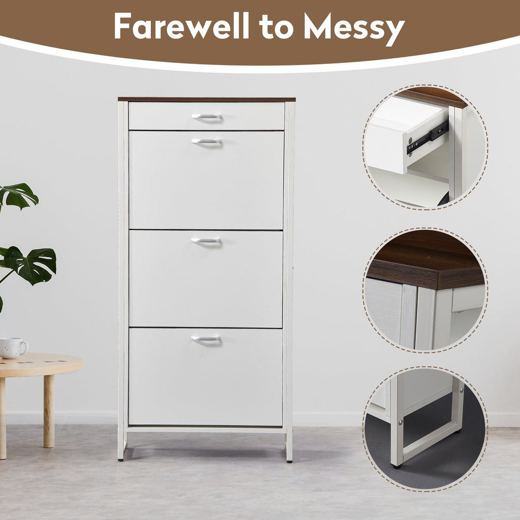 Shoe Storage Cabinet with 3 Flip Drawers&1 Drawer, Slim Freestanding Storage Racks for Entryway, Hallway, Hidden Narrow Shoe Organizers Perfect for Heels, Boots, Slippers, white/Walnut