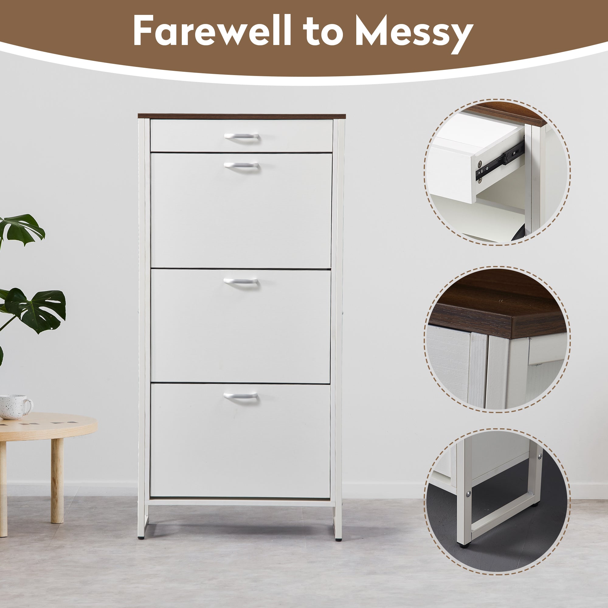 Shoe Storage Cabinet with 3 Flip Drawers&1 Drawer, Slim Freestanding Storage Racks for Entryway, Hallway, Hidden Narrow Shoe Organizers Perfect for Heels, Boots, Slippers, white/Walnut