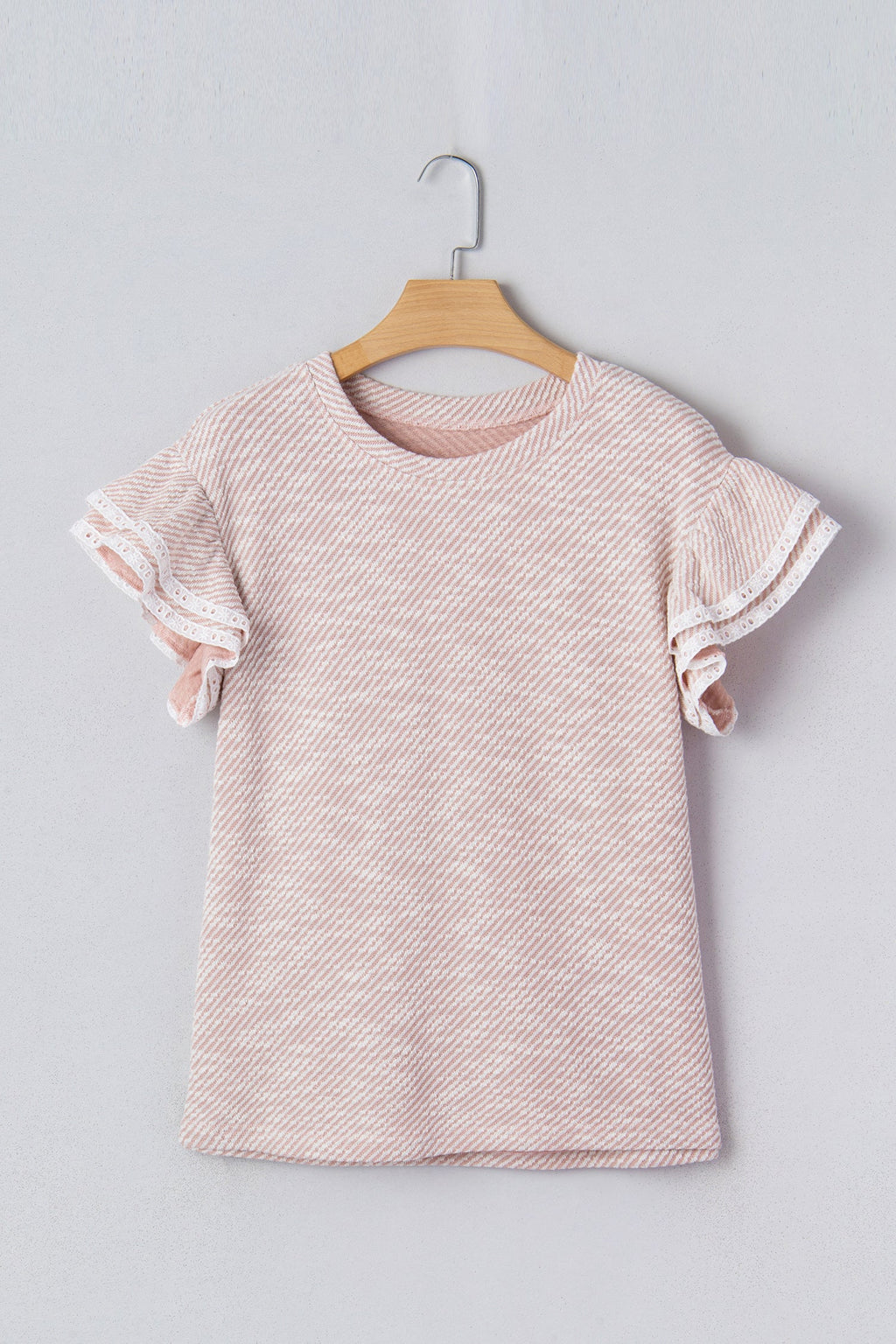 Stripe Twill Ruffle Lace Short Sleeve Blouse