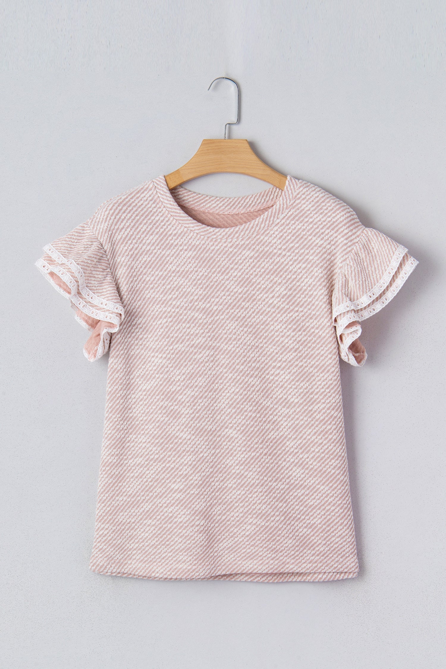 Stripe Twill Ruffle Lace Short Sleeve Blouse