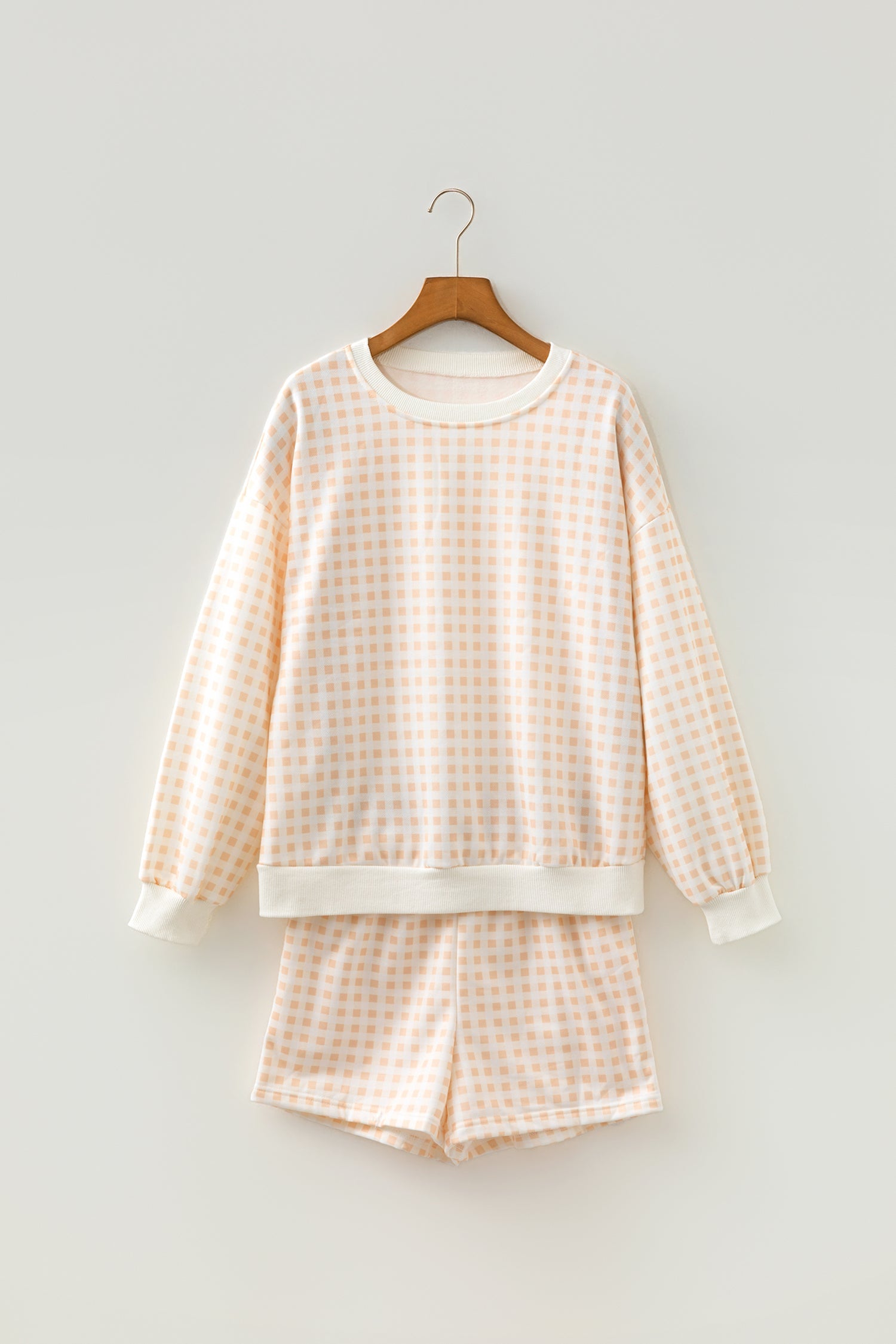 Gingham Plaid Baggy Pullover and Drawstring Shorts Set