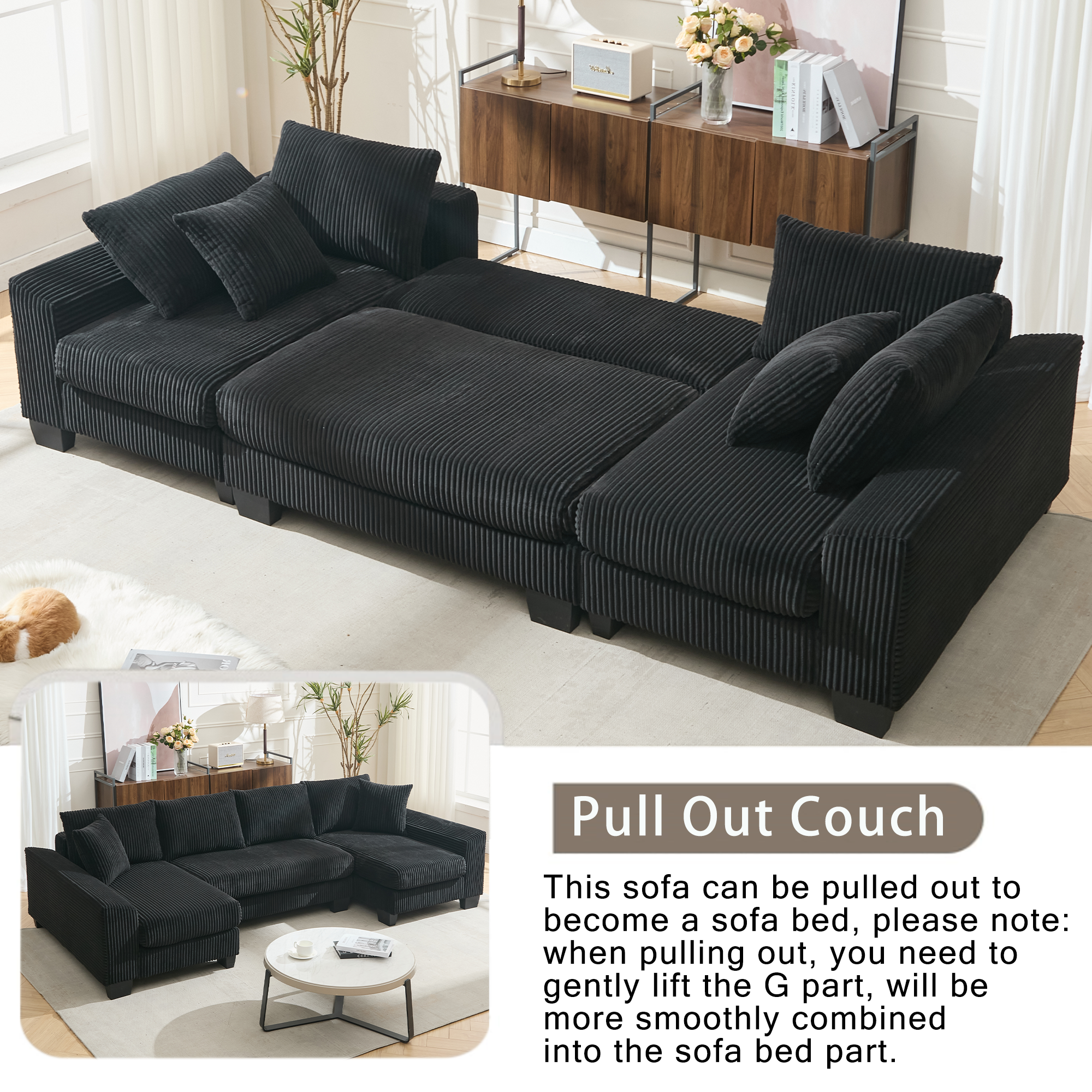 [NEW ARRIVED] [VIDEO PROVIDED]   114' Sleeper Sofa,U Shaped Sofa , Pull Out Bed,Convertible Oversize 2 in 1 Sleeper Sofa, Living Room,Upholstery Sofa Bed,Adjustable Sleeper Sofa,Corduroy,Black
