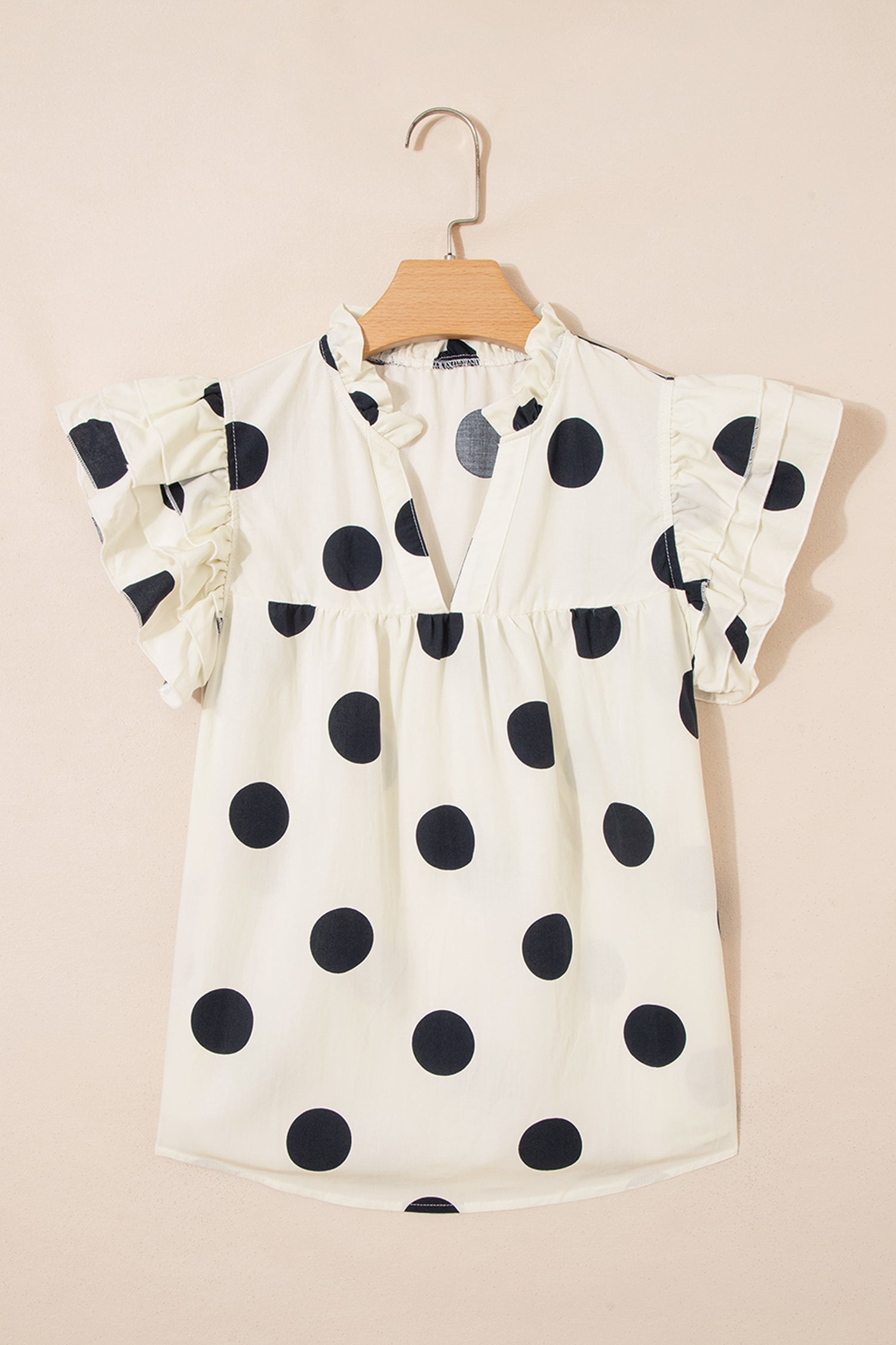 Polka Dot V-Neck Ruffle Short Sleeve Blouse
