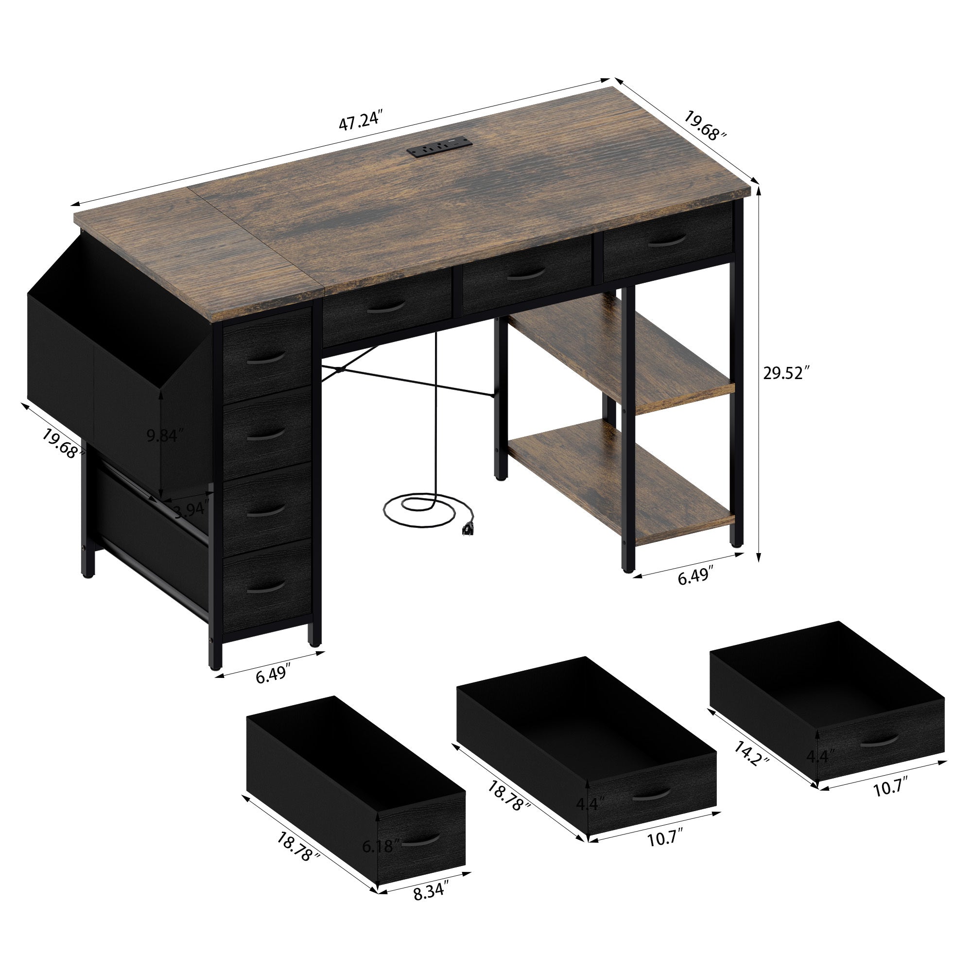 47' Computer Desk With Power Outlet,Writing Desk with 7 Fabric Drawers,Vanity table Drawers and Large Side Pocket,Rustic Brown