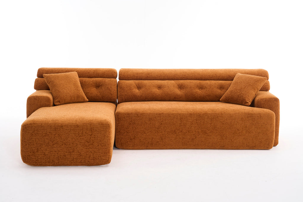 LY-029B Convertible Chaise Sectional Sofa, Full Compression Sponge Modular Couch for Apartment Living Room,Orange 3-Seater with Wood Grain Chenille, 2 Pillows Included, 86'L