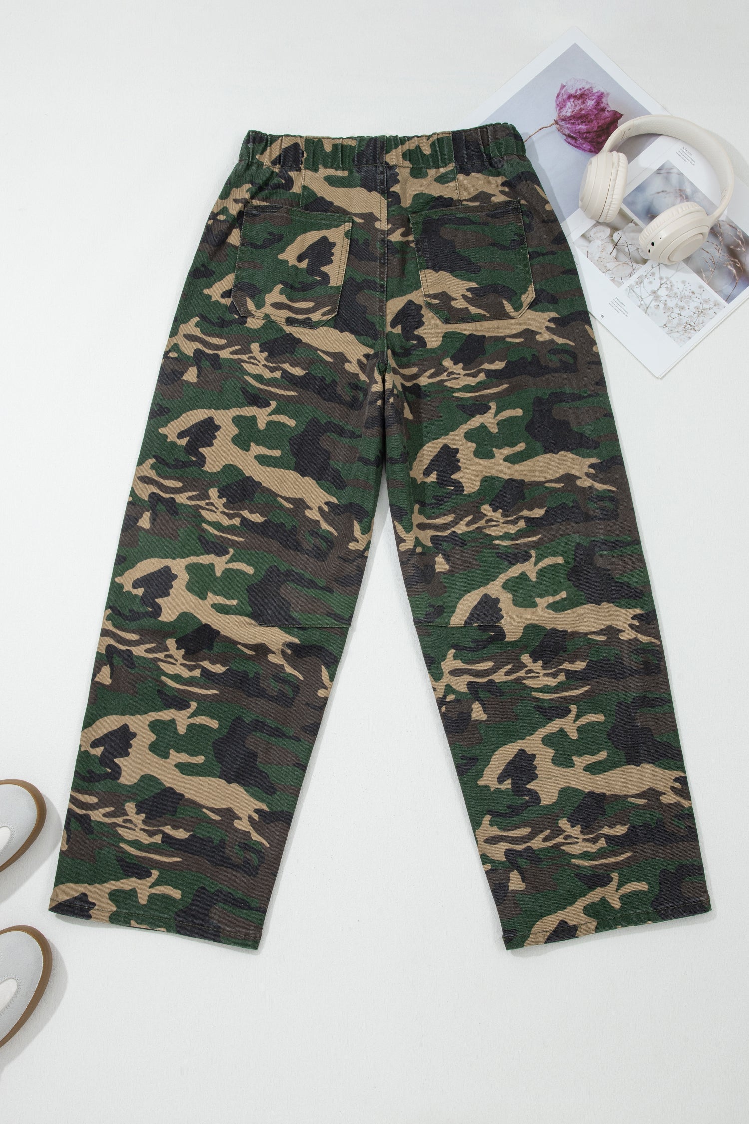 Camo Denim Patch Pocket Drawstring Barrel Leg Jeans