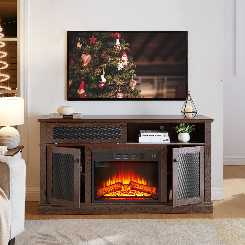 Embossed Pattern TV Stand with 23' fireplace insert,, TV and Media Console with Open and Closed Storage Space and sliding door for Living Room & Bedroom, Dark Cherry, 58.27'W*15.35'W*31.7H