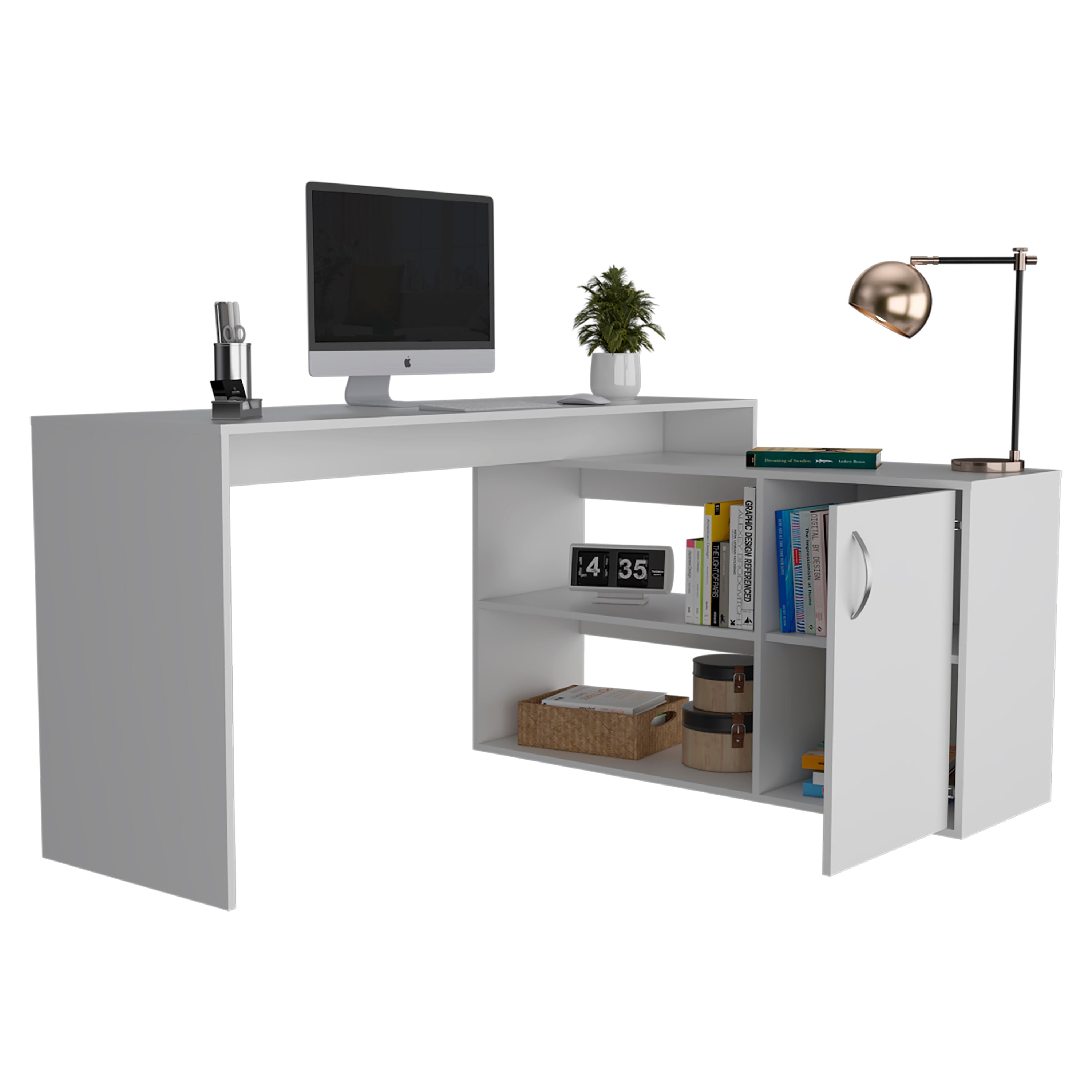 Axis Modern L-Shaped Computer Desk with Open & Closed Storage -White