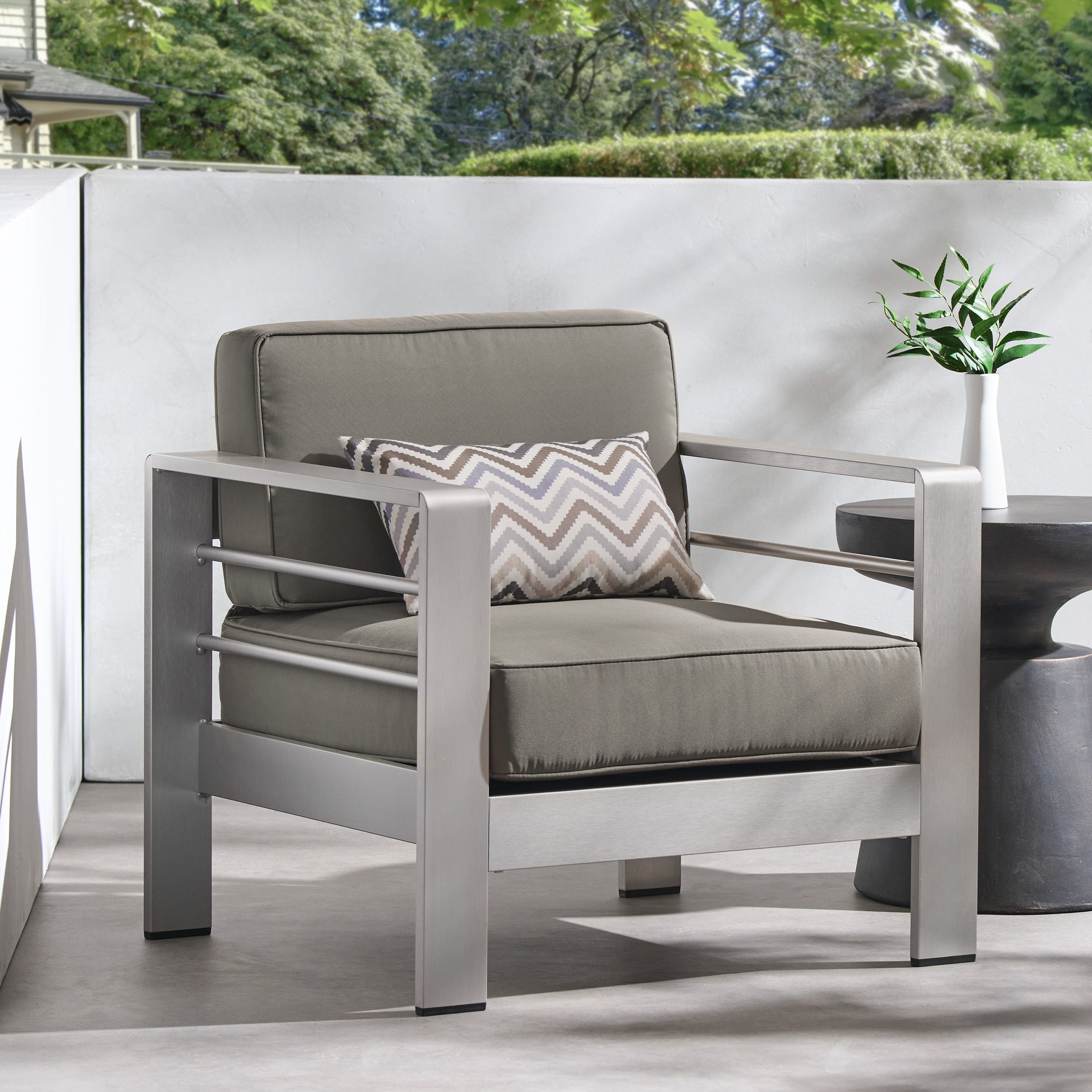 Outdoor Aluminum Club Chair with Cushion, Grey