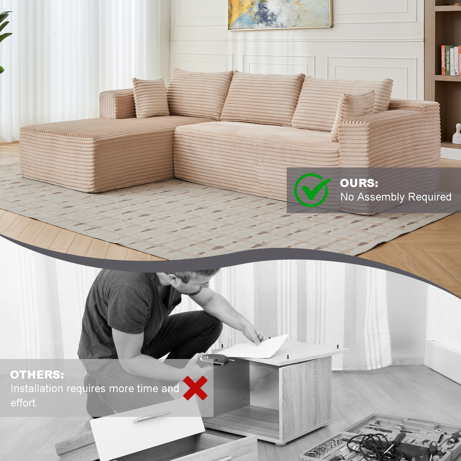 Compression Sectional Couch with Comfy Chaise, Boneless L Shape Sofa with Deep Seat, Minimalist Modular Couches Sleeper for Living Room Bedroom Apartment Lounge,corduroy,Beige