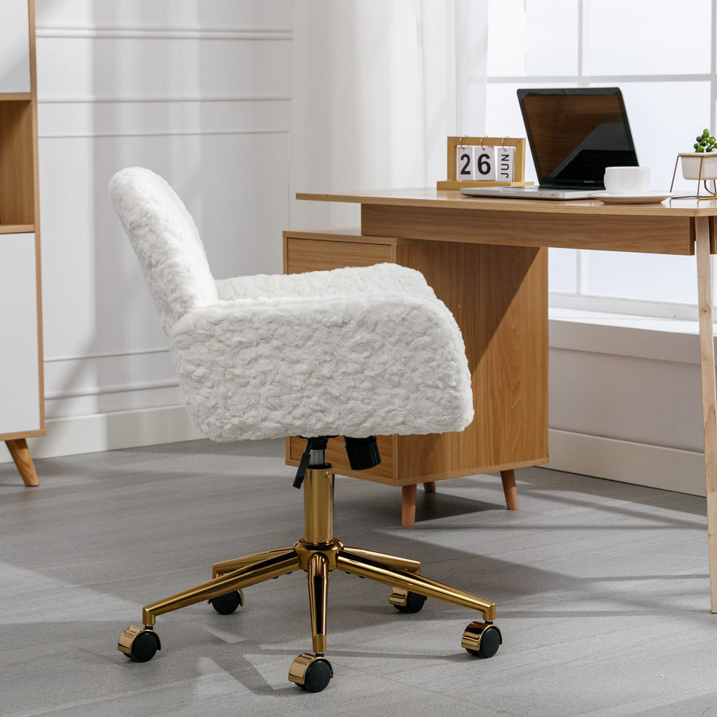 A&A Furniture Artificial Rabbit Hair Office Chair with Golden Metal Base, Adjustable Swivel Vanity Chair, Beige Velvet