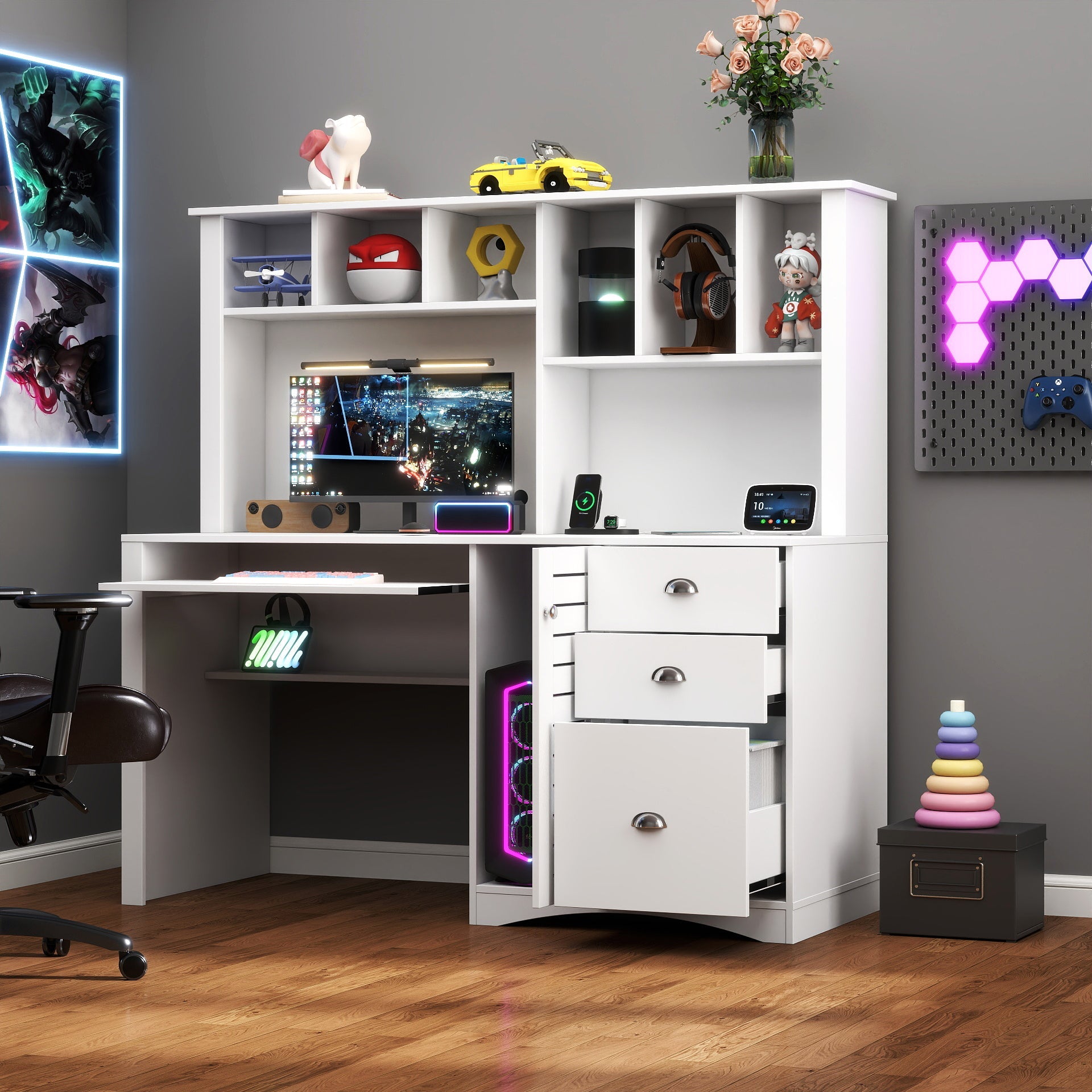 Home Office Computer Desk with Hutch, Antiqued White finish