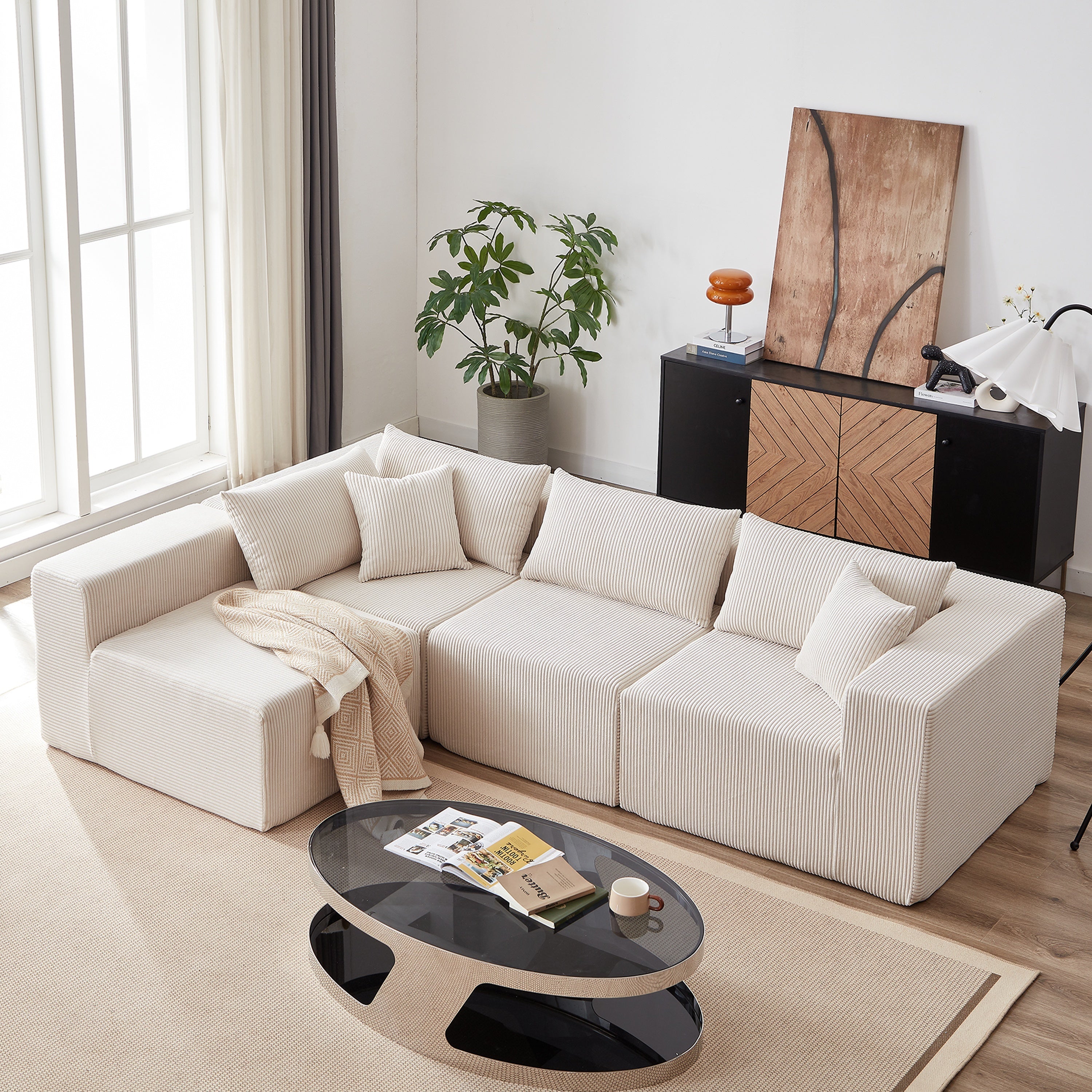 104-Inch Corduroy Modular L Shaped Sectional Sofa,Luxury Floor Couch Set,Upholstered Indoor Furniture,Foam-Filled Compressed Sofa for Living Room,Bedroom,4 PC Free Combination