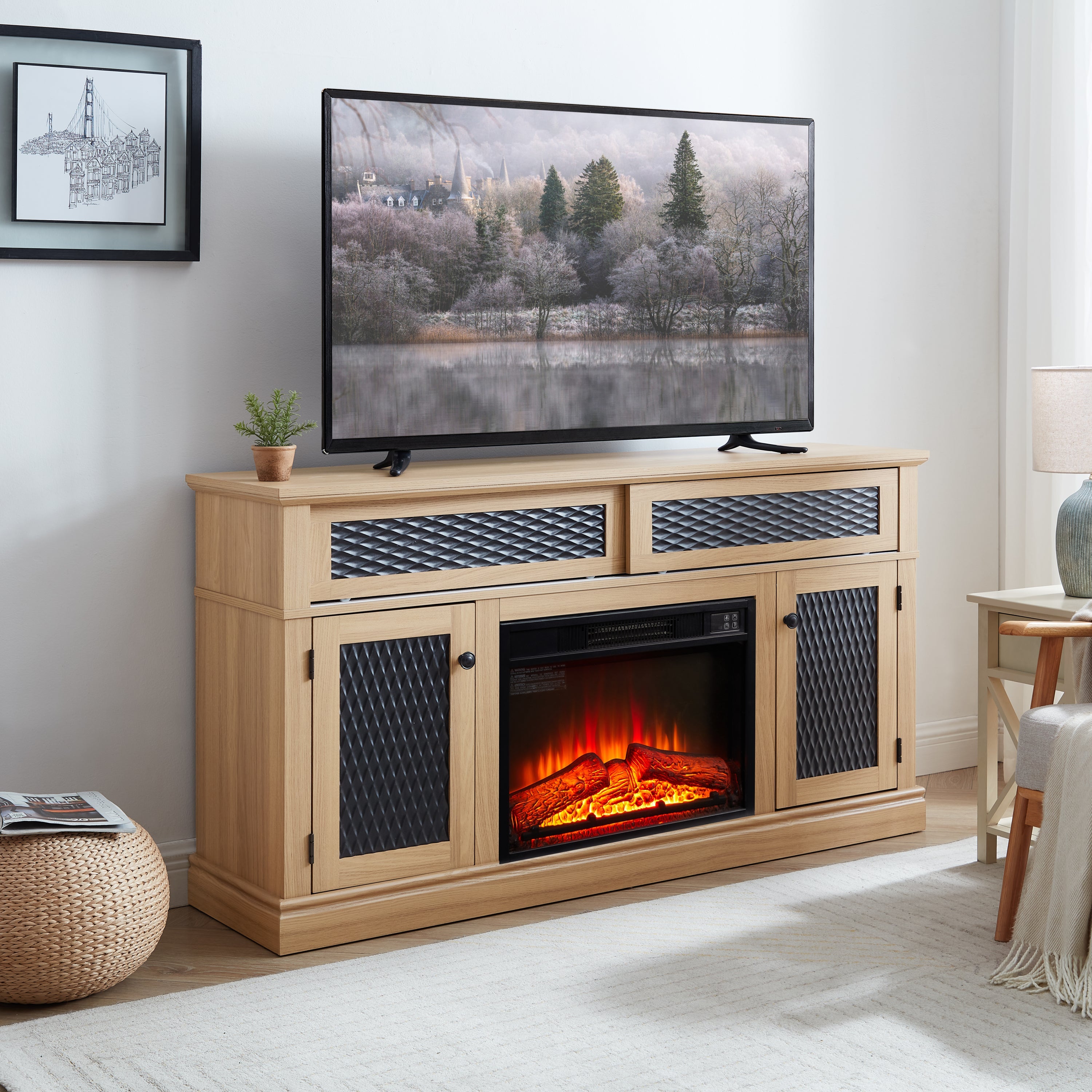 Embossed Pattern TV Stand with 23' fireplace insert,, TV and Media Console with Open and Closed Storage Space and sliding door for Living Room & Bedroom,LIGHT OAK, 58.27'W*15.35'W*31.7H