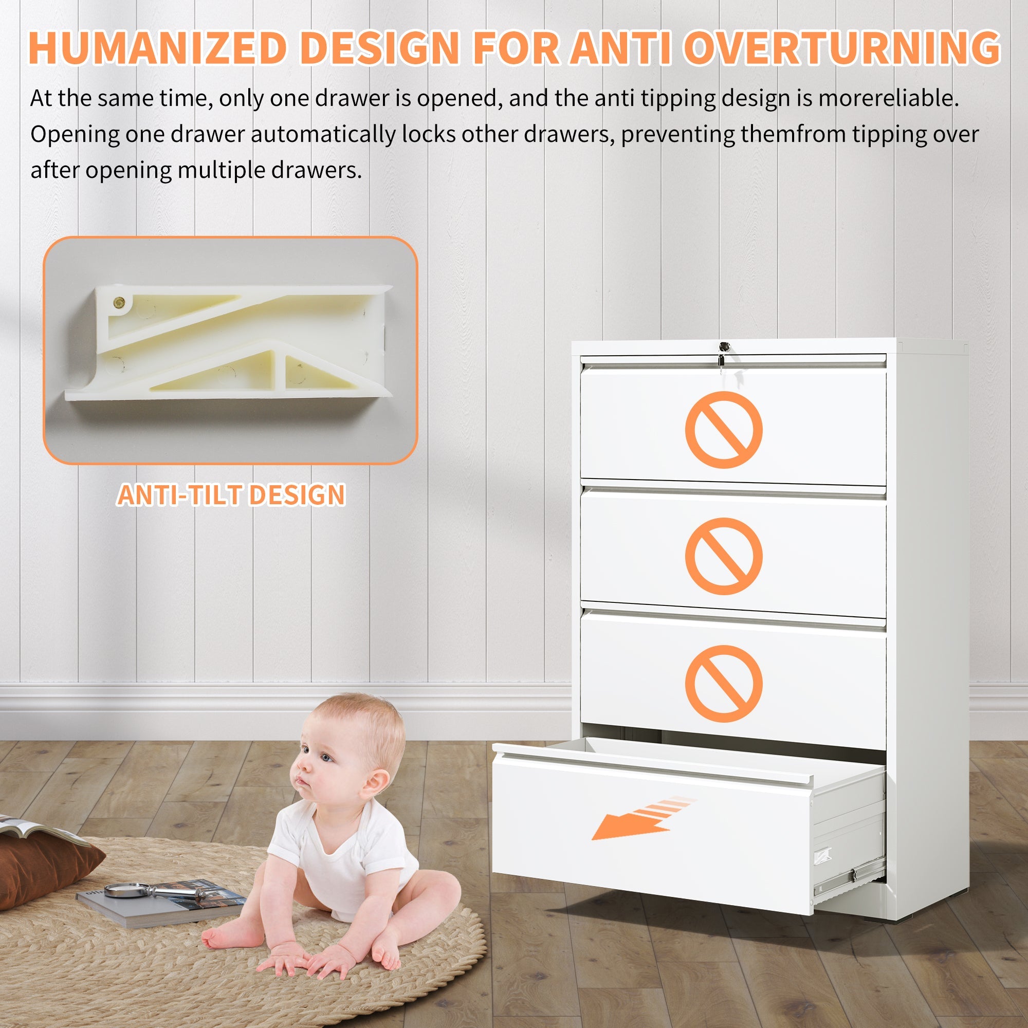 Modern Steel 4-Drawer Lateral File Cabinet with Lock, White Finish, Metal Construction, 35.43x15.75x52.28 inches