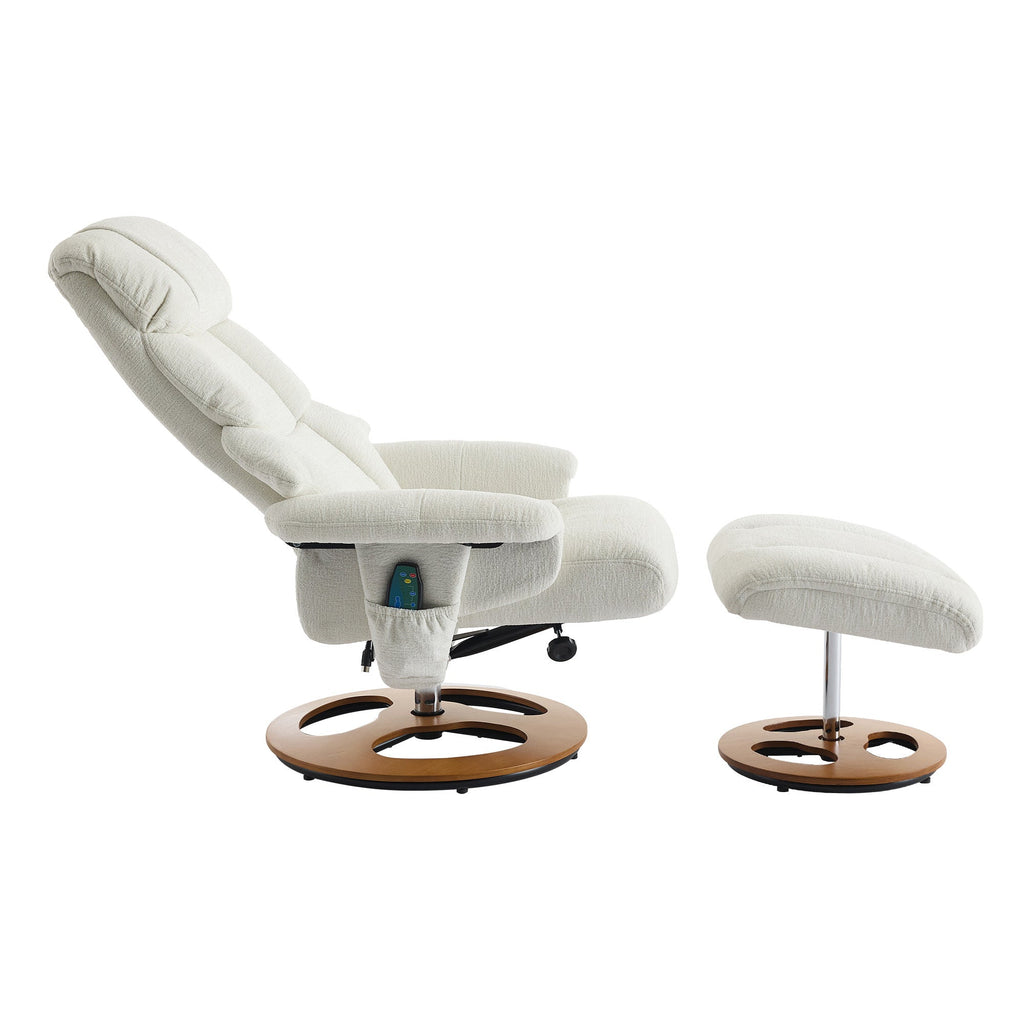 010-Ergonomic Recliner Chair with Ottoman, Modern 360° Swivel Lounge Chair with Footstool, Chenille Fabric, 5 Point Vibration Massage, Seat Heating & 140° Adjustable Backrest for Home or Office, White