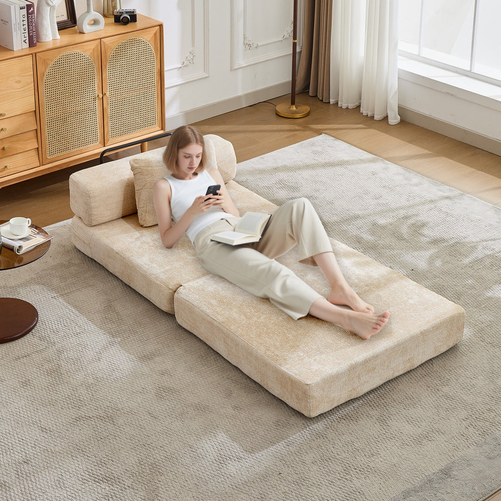Compression Sofa,Convertible Floor Sofa Bed with Fixed-Shape Frame,Single Seater Boneless Modular Sectional Sofa,No Assembly Required,Chenille fabric,for Living Room Bedroom,Beige
