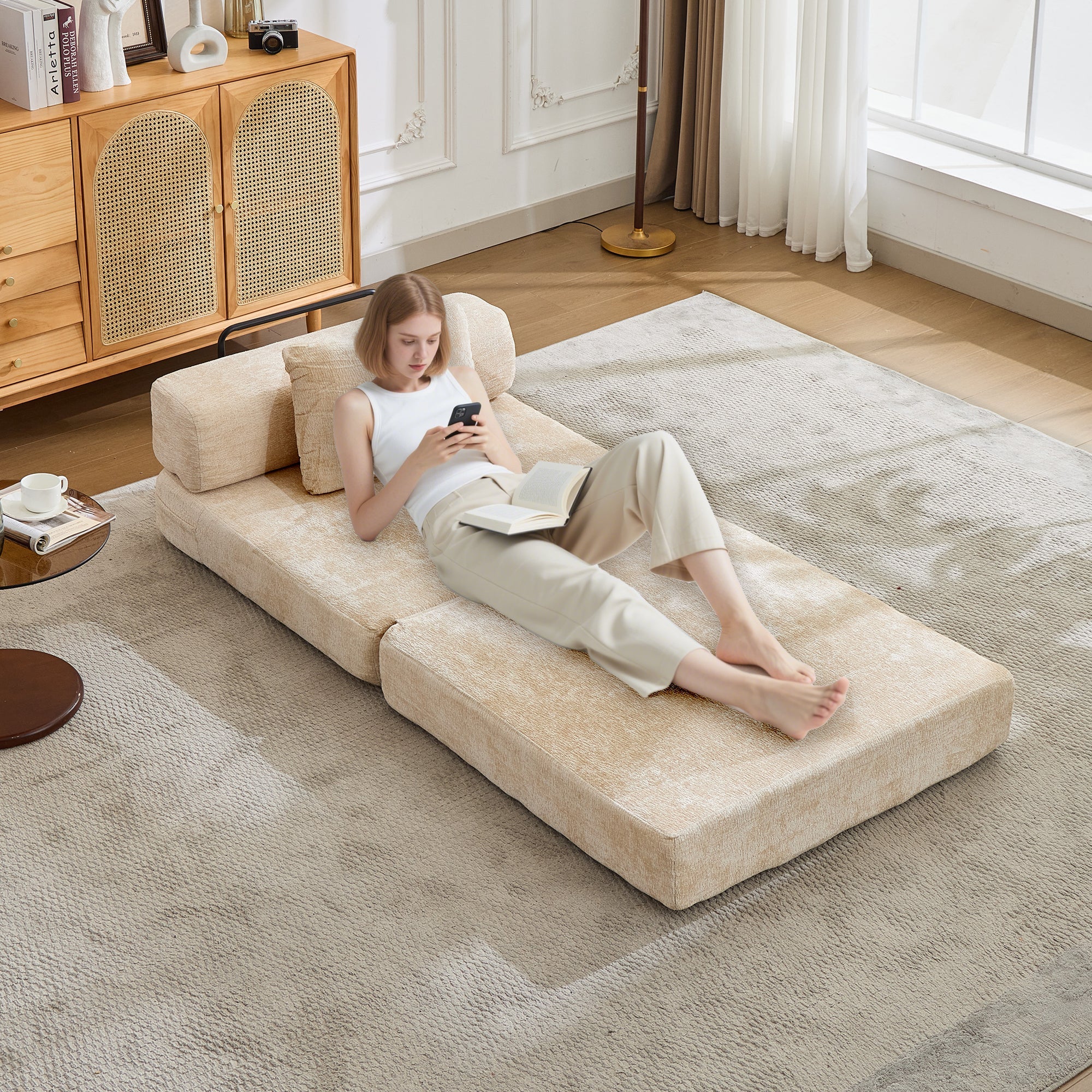Compression Sofa,Convertible Floor Sofa Bed with Fixed-Shape Frame,Single Seater Boneless Modular Sectional Sofa,No Assembly Required,Chenille fabric,for Living Room Bedroom,Beige