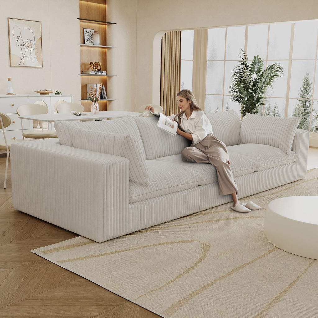 118.2' Cloud Sofa,Corduroy Fabric,Deep Seat Couches,Double-layer design,Removable  Cushion,No Assembly, DIY Combination for Living room, Bedroom,Conference room ,Apartment,White