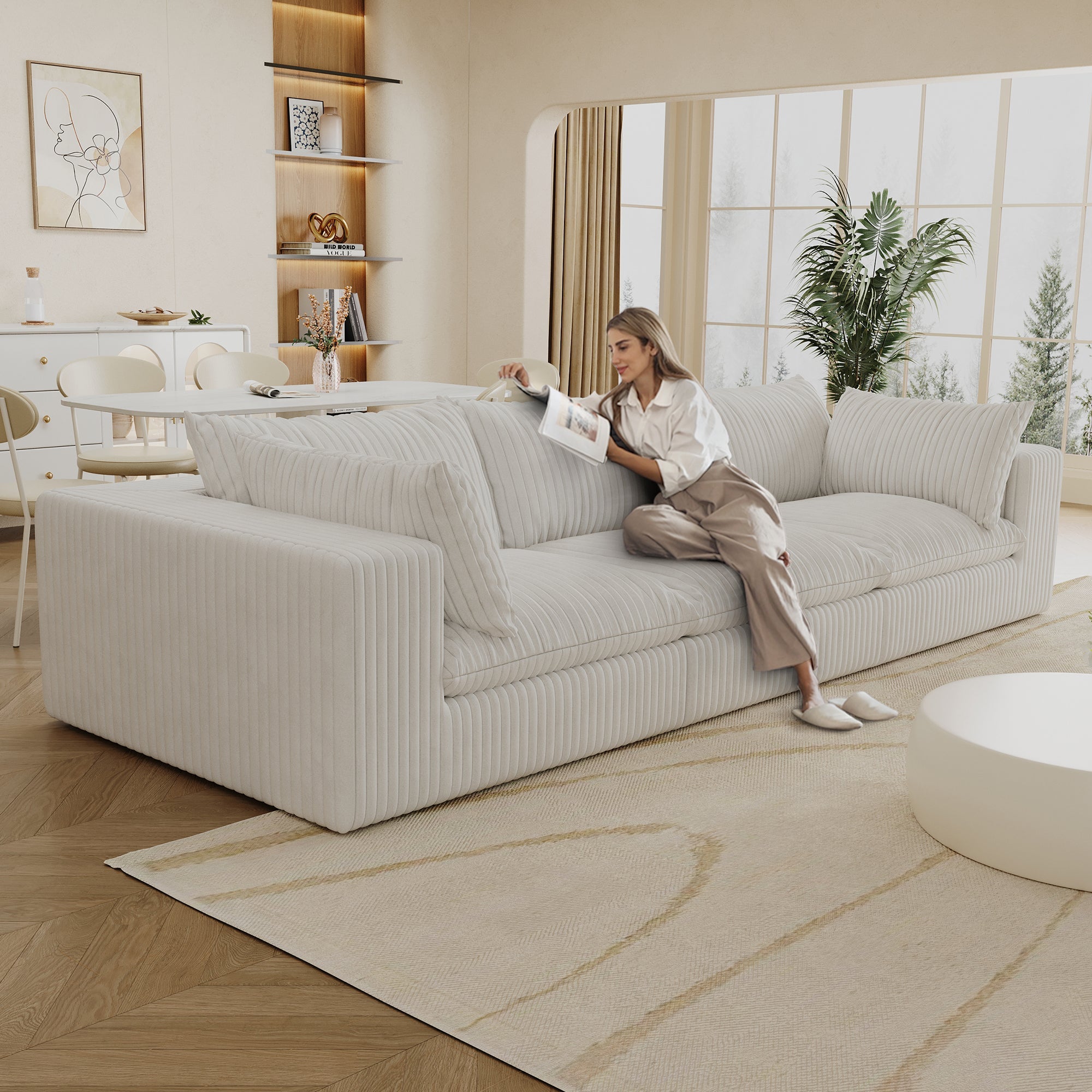 118.2' Cloud Sofa,Corduroy Fabric,Deep Seat Couches,Double-layer design,Removable  Cushion,No Assembly, DIY Combination for Living room, Bedroom,Conference room ,Apartment,White