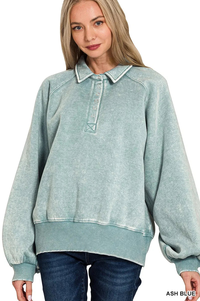 Zenana Acid Wash Fleece Collared Sweatshirt Cozy Everyday