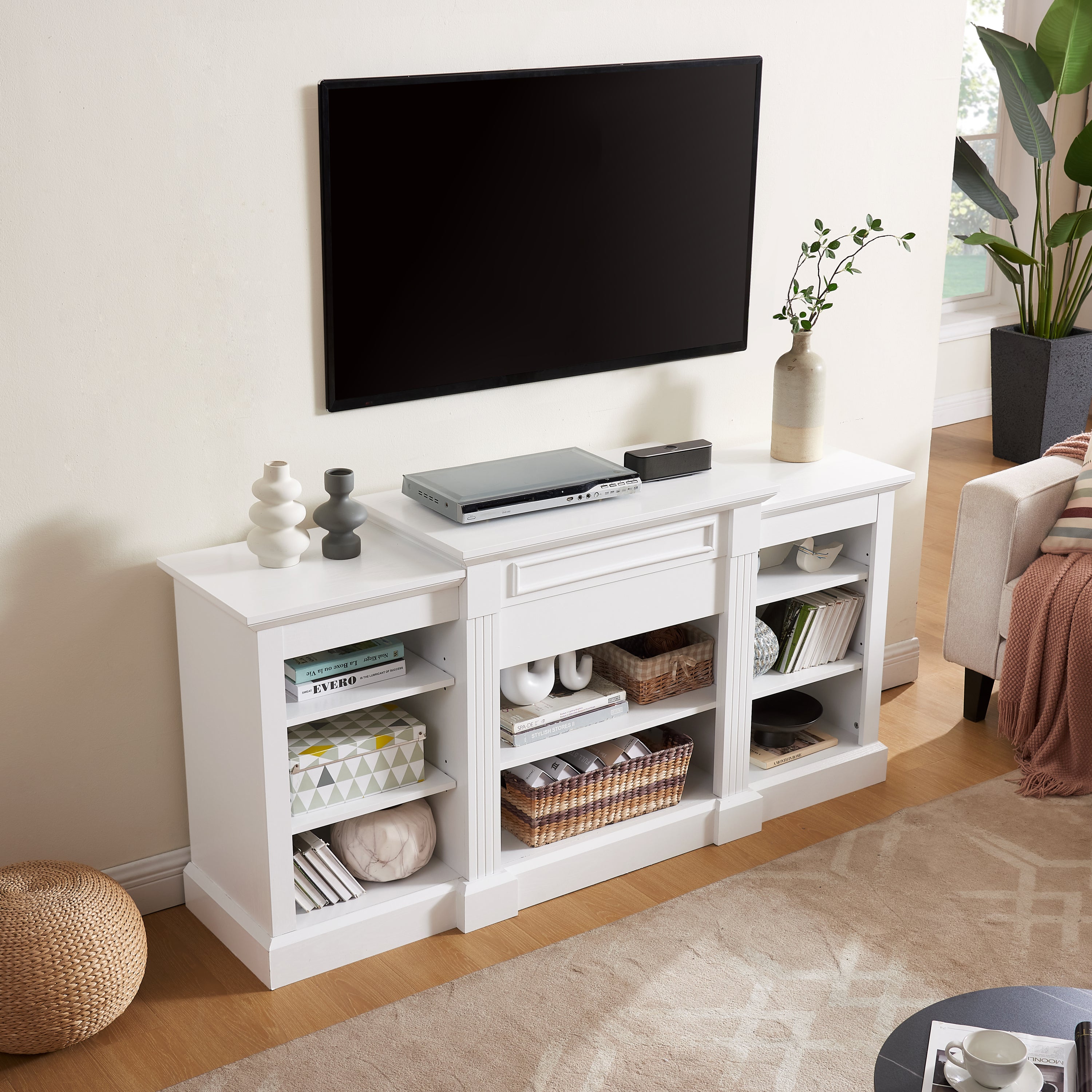 Media Console Table with Large Storage Cabinet, Modern TV Media Entertaionment Stand, White, 65.75'W*17'D*32.48'H