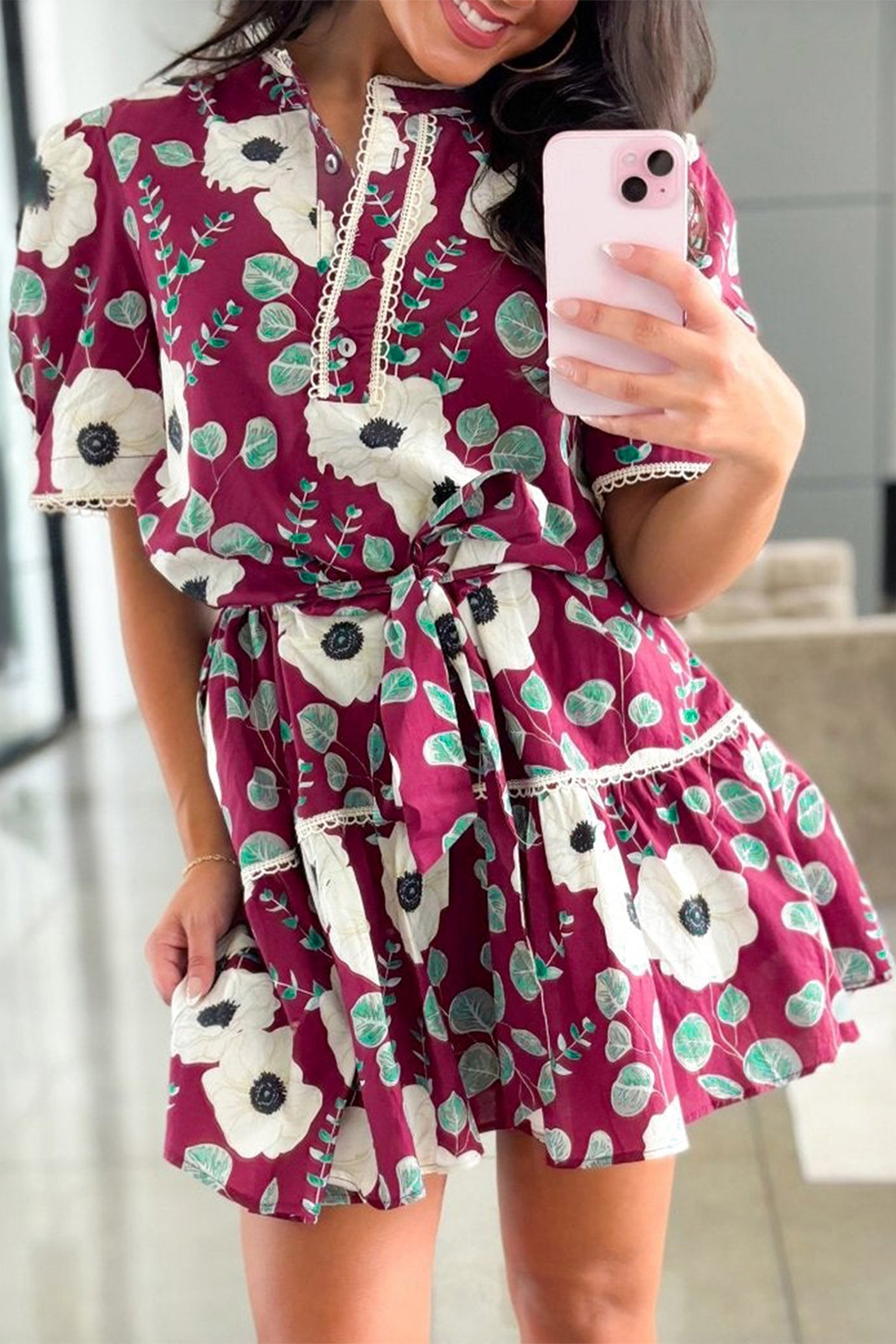 Floral Short Puff Sleeve Belted Mini Dress