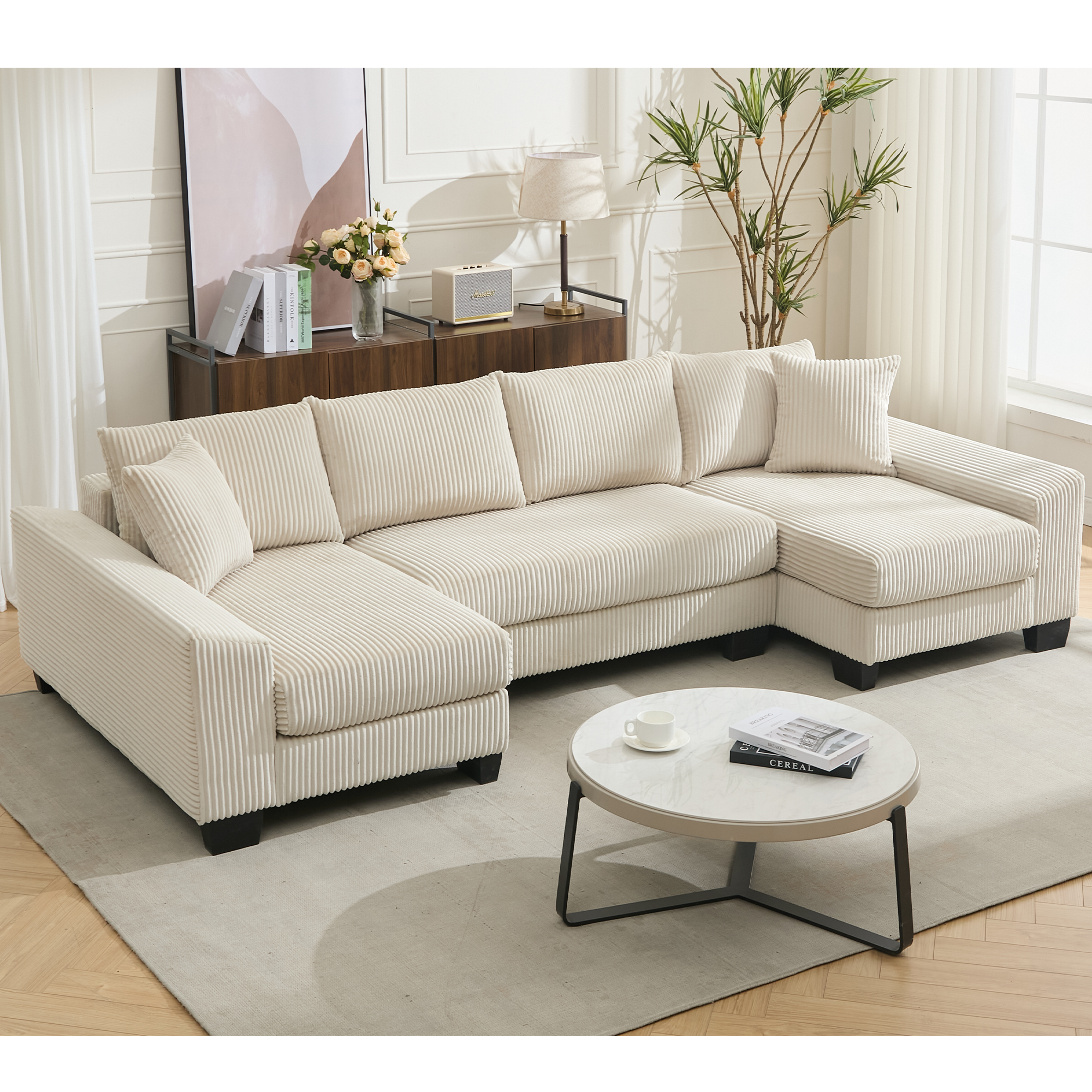 [NEW ARRIVED] [VIDEO PROVIDED] 114' Sleeper Sofa,U Shaped Sofa , Pull Out Bed,Convertible Oversize 2 in 1 Sleeper Sofa, Living Room,Upholstery Sofa Bed,Adjustable Sleeper Sofa,Corduroy,Beige