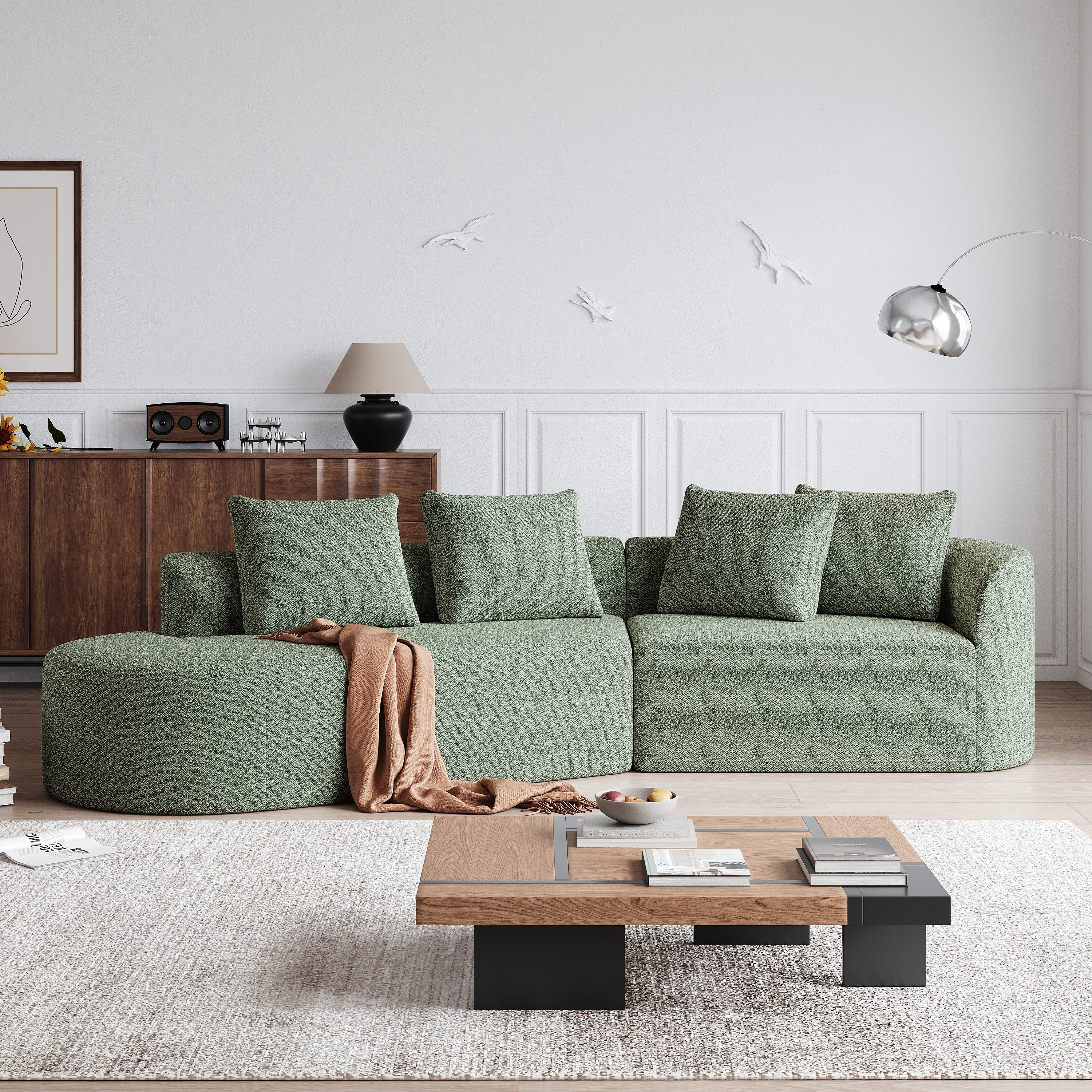 Modern Upholstered Oversized Sectional Sofa, 112-Inch Chenille 4-Seater Extra Deep & Wide Seat Curved Cloud Couch with 4 Throw Pillows, Free Combination Sofa Couch for Living Room,Bedroom
