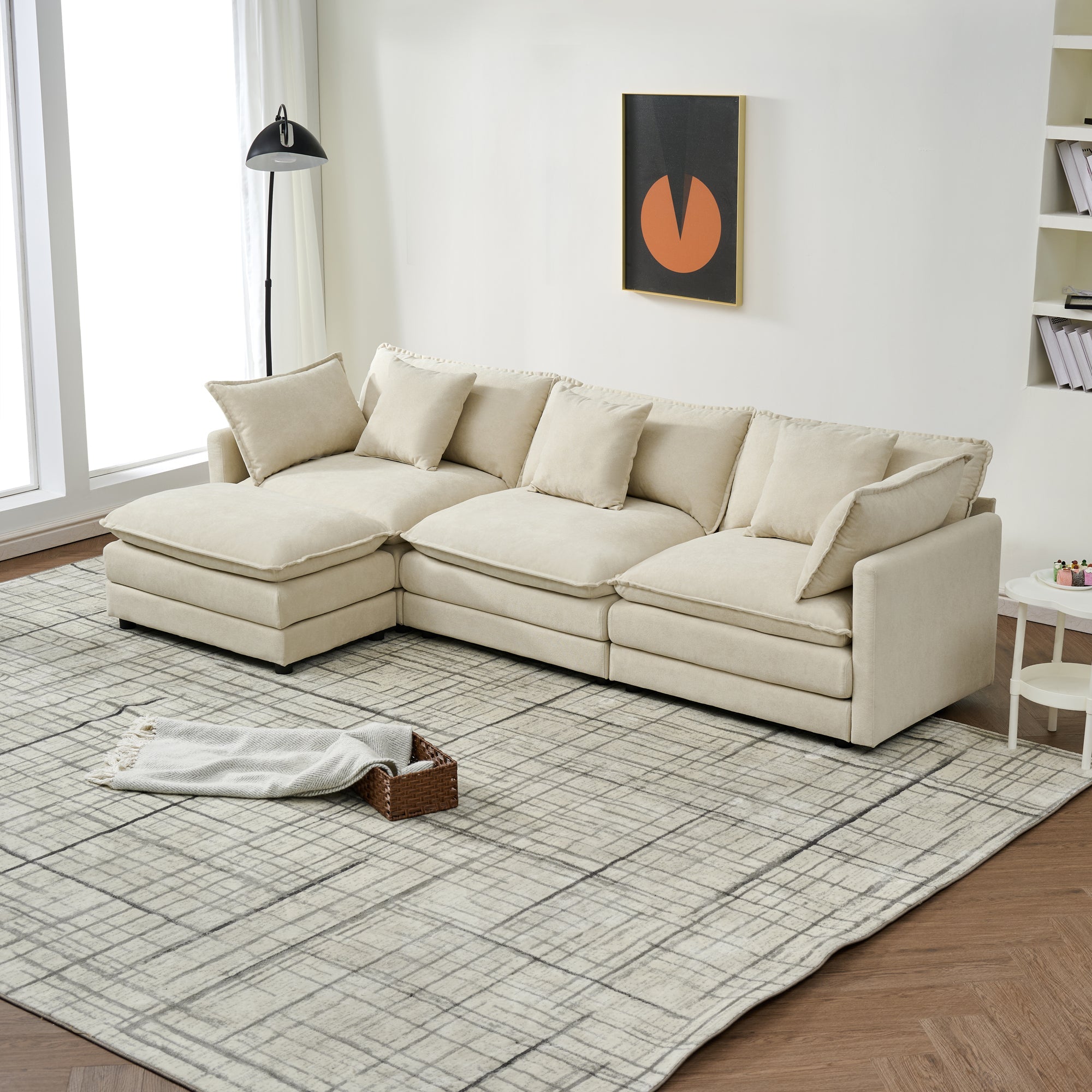 Modular Ottoman-Style Deep Seat Chenille Sofa with Cushions, Off-White, 110-Inch L-Shaped