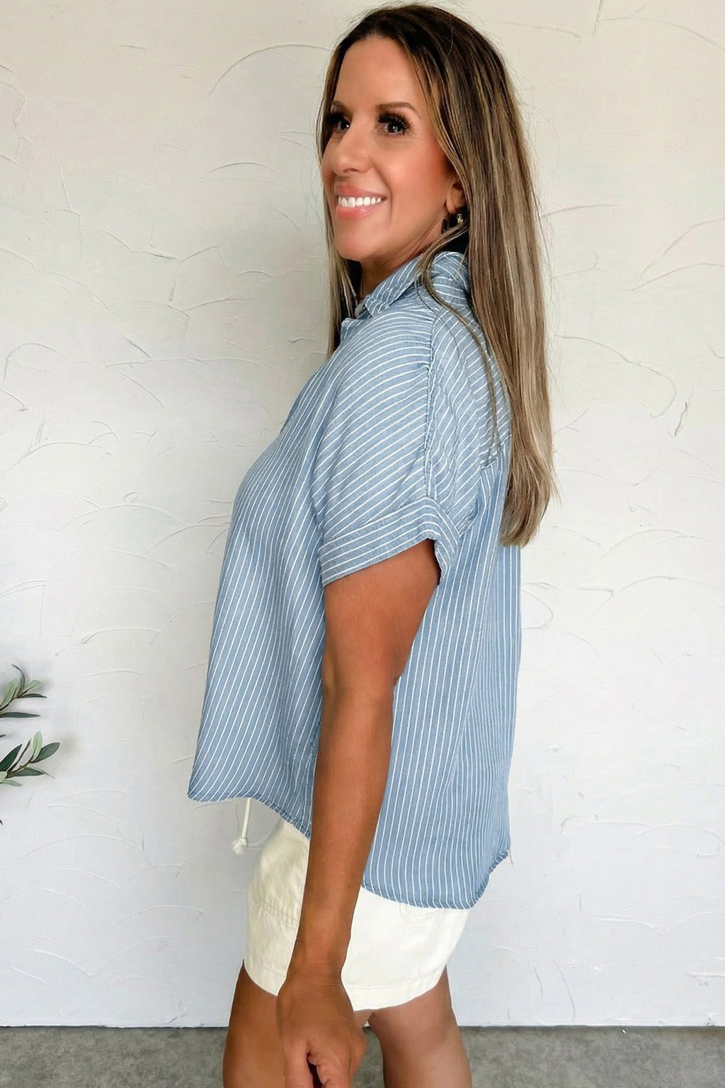 Stripe Cuffed Short Sleeve Button Up Shirt