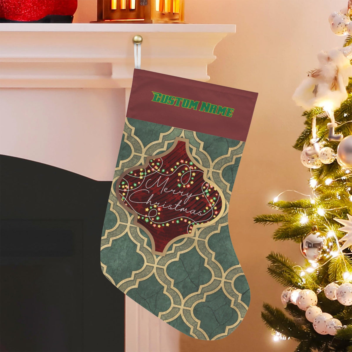 Personalizable Christmas Arabesque Tile Christmas Stocking (Made in USA)