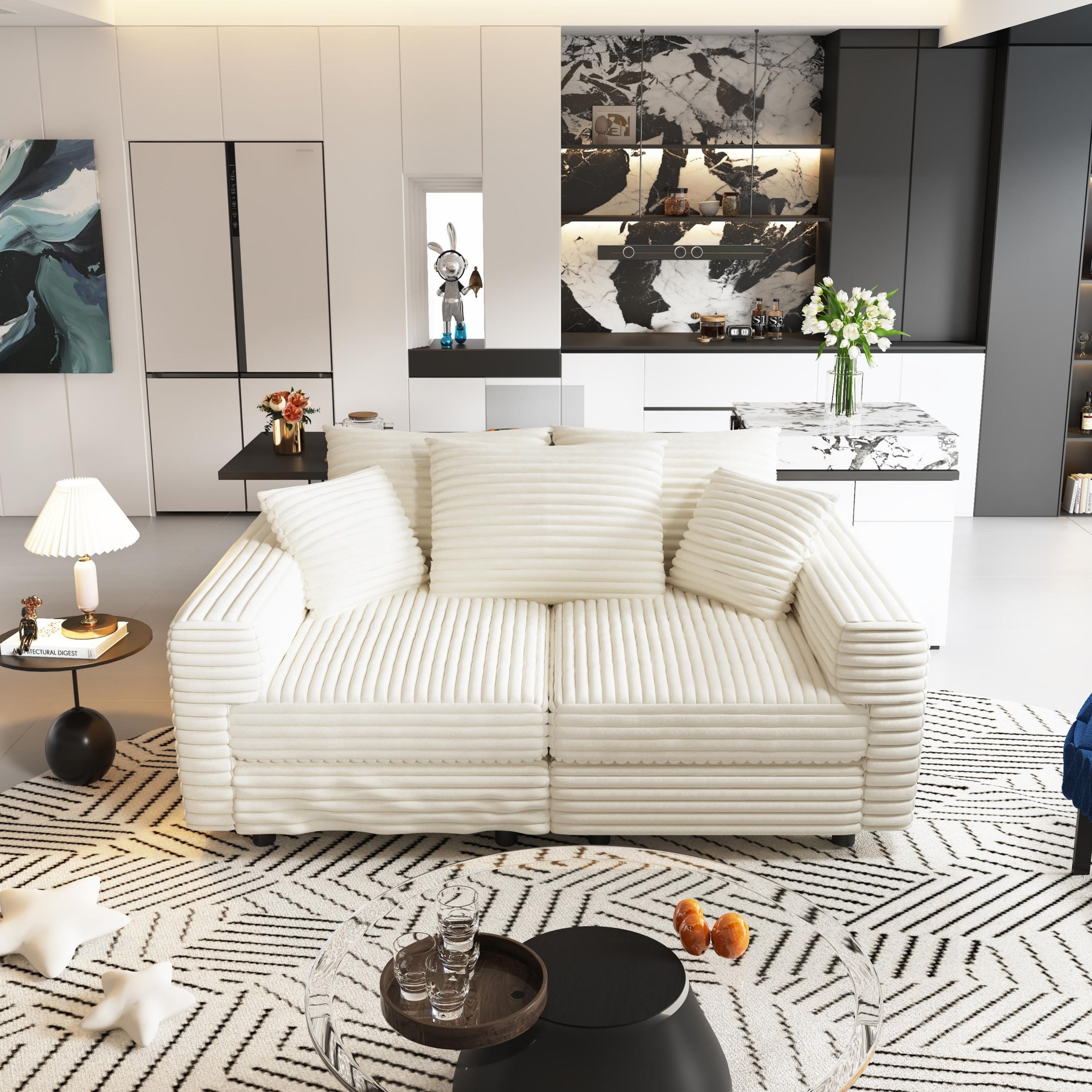 82.7 ' Plush Corduroy 3-Seat Sofa, Modern Comfy Upholstered Sofa Cloud Couch, Deep Seat Couches with Soft Pillows and 2 Ottomans, Convertible Sofa Lounge Chair, for Living Room,Apartment,Office,Beige