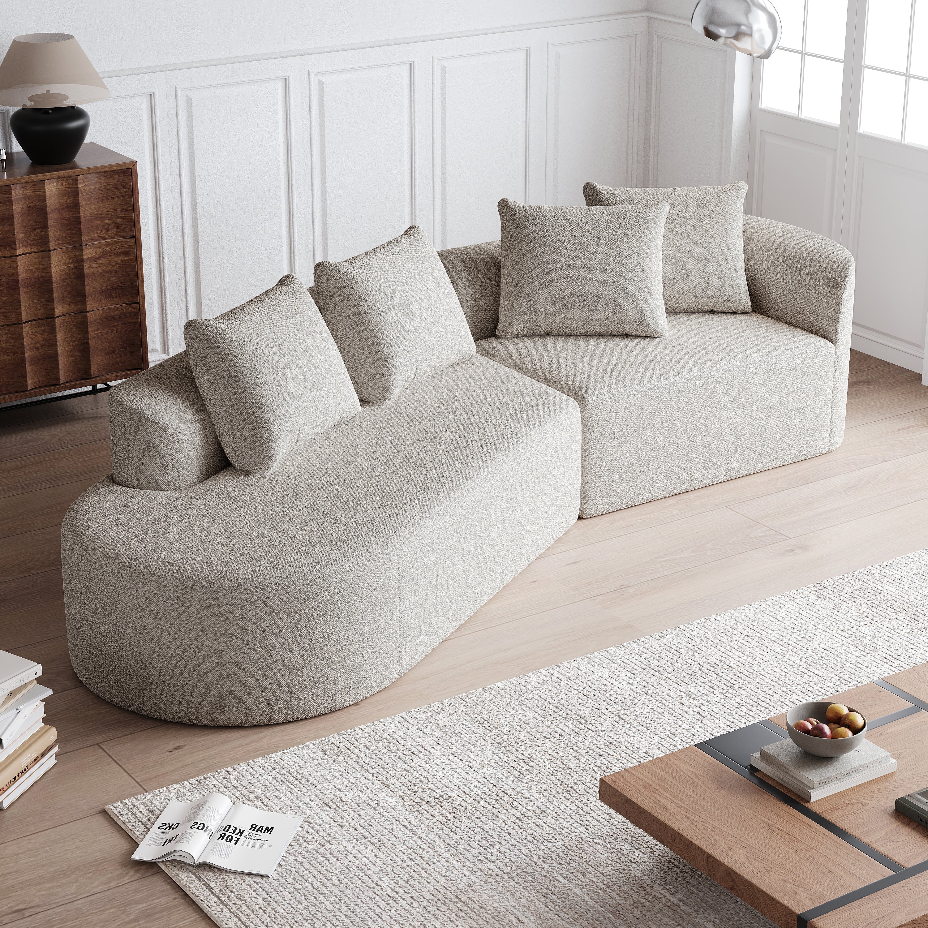Modern Upholstered Oversized Sectional Sofa, 112-Inch Chenille 4-Seater Extra Deep & Wide Seat Curved Cloud Couch with 4 Throw Pillows, Free Combination Sofa Couch for Living Room,Bedroom