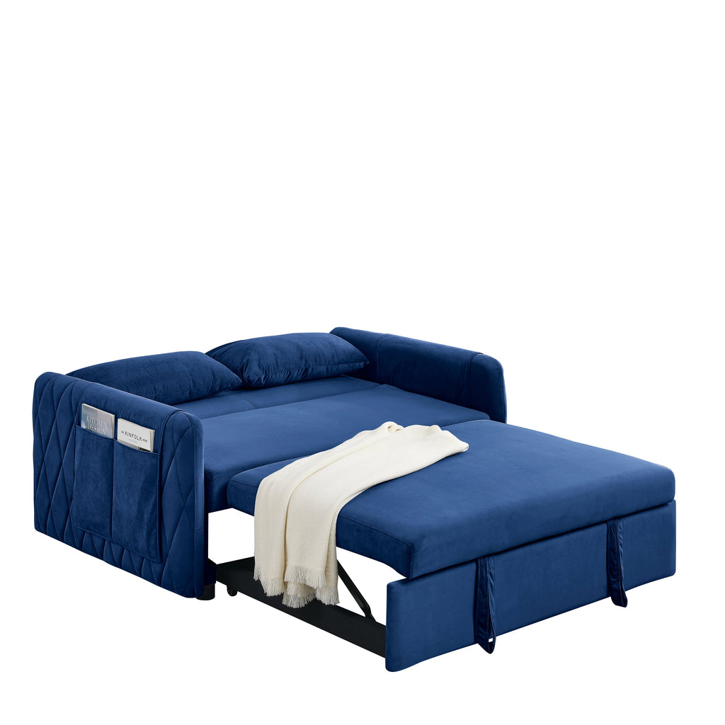 55' Modern Convertible Sofa Bed with 2 Detachable Arm Pockets, Velvet Loveseat Sofa with Pull Out Bed, 2 Pillows and Living Room Adjustable Backrest, Grid Design Armrests