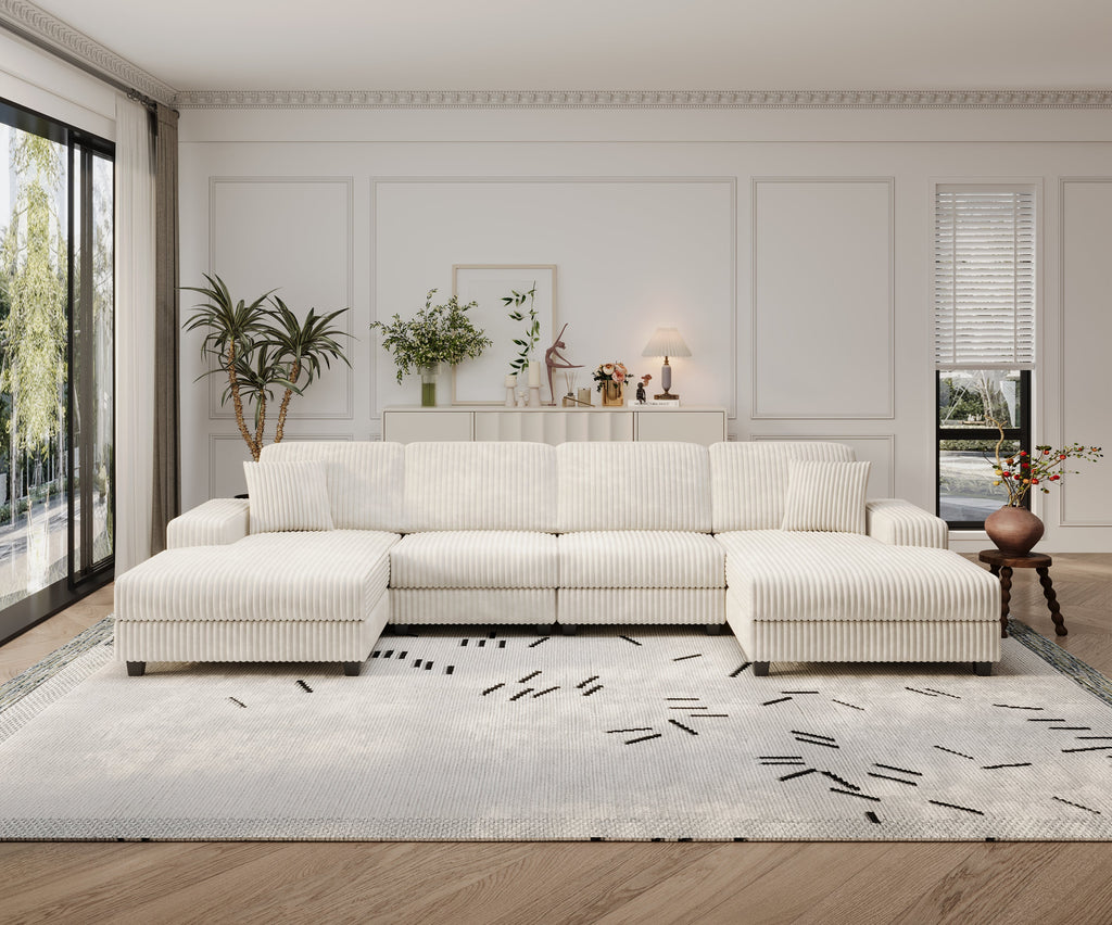 Convertible U-shaped Combination Sofa, Corduroy Fabric, Modern Comfortable Large Size 4 Seat Sofa, Living Room Double Lounge Chair,Beige