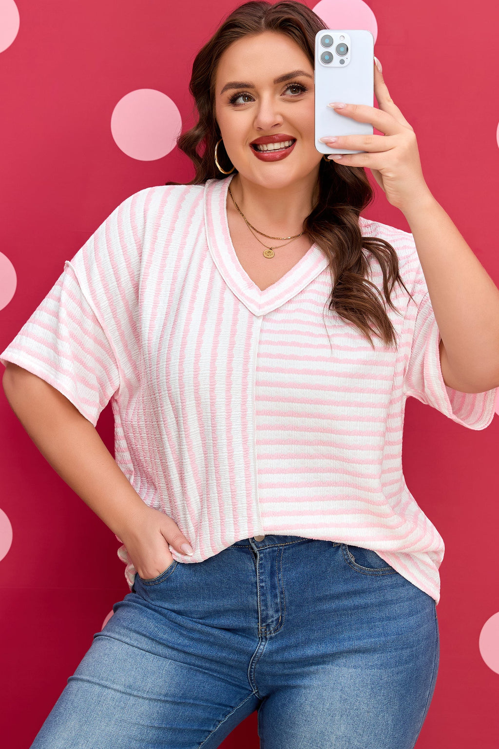 Plus Size Stripe Patchwork V-Neck T-Shirt