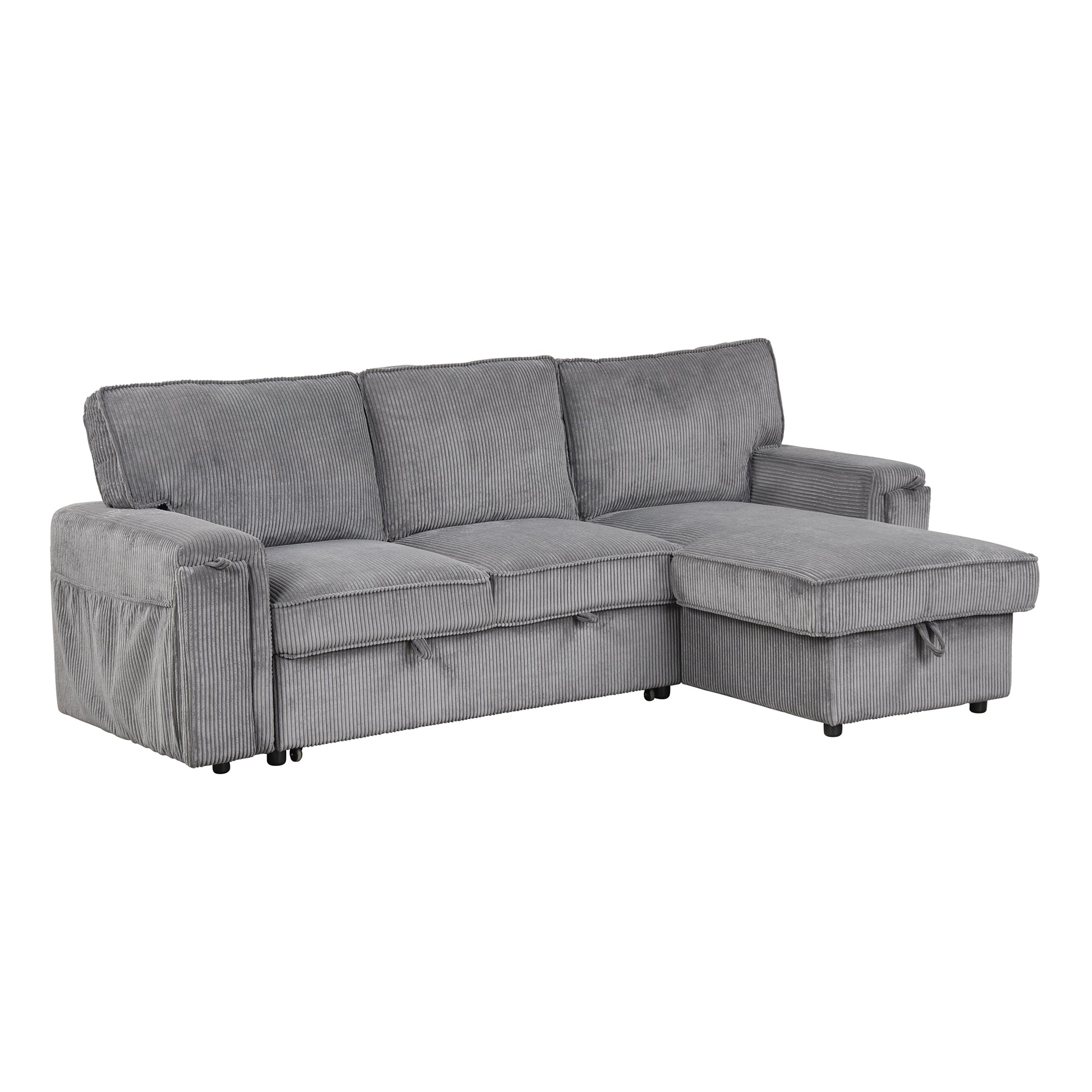 U_STYLE Upholstery Sleeper Sectional Sofa with Storage Bags and 2 cup holders  on Arms