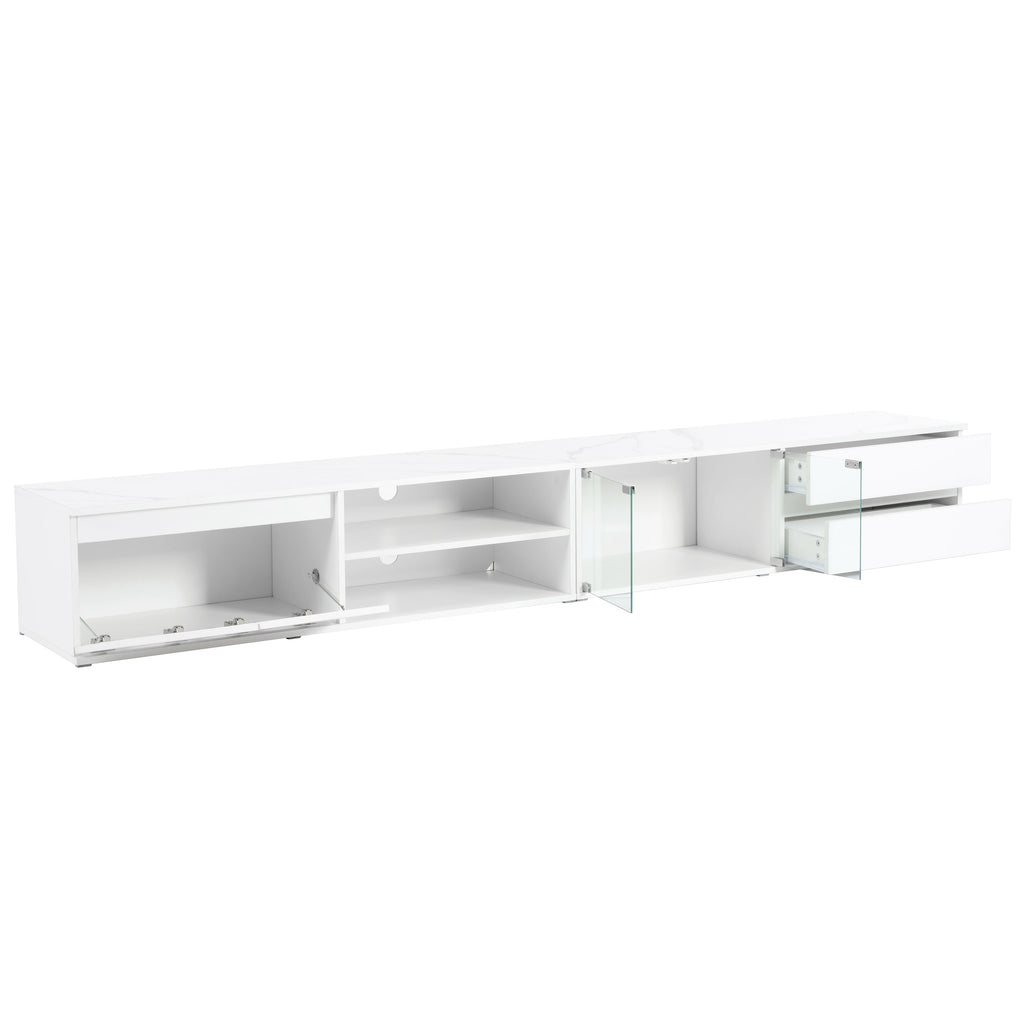 ON-TREND Modern APP Controlled LED TV Stand for TVs Up to 105'', Faux Marble Tabletop Media Console with Tempered Glass Doors, Entertainment Center with 2 Drawers & Cabinets for Living Room, White