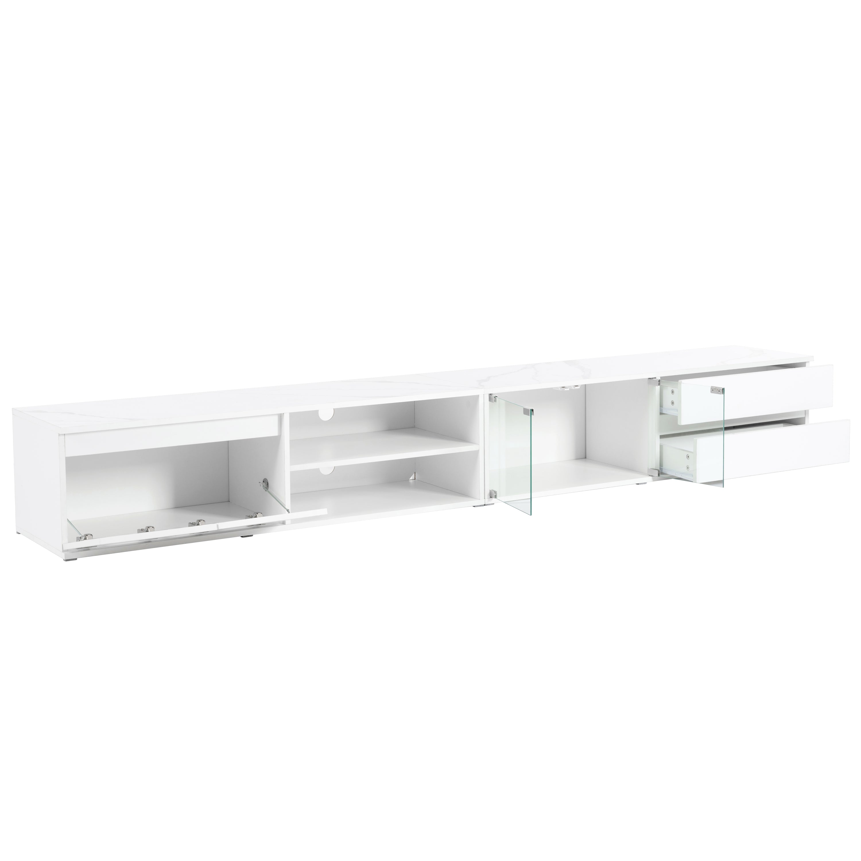 ON-TREND Modern APP Controlled LED TV Stand for TVs Up to 105'', Faux Marble Tabletop Media Console with Tempered Glass Doors, Entertainment Center with 2 Drawers & Cabinets for Living Room, White