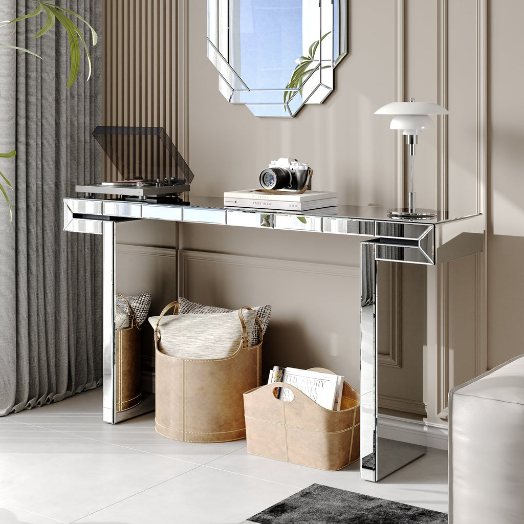 60 Inches Luxury Full-Length Mirror Console Table with Fluted Tempered Glass, Entryway Mirrored Sofa Table, Light Luxury Style, Scratch-Resistant, Reinforced Packaging