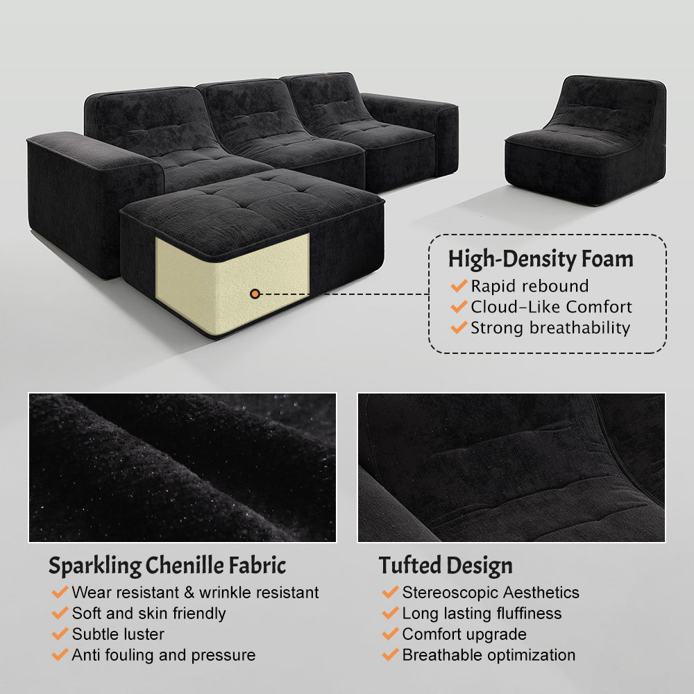 143.7' Modular Sectional Sofa Set with Removable Ottoman,Tufted Design, Deep Seat Couch, Chaise & Accent Chair,Modern DIY Sparkling Chenille Sofa for Living Room, Apartment, Office