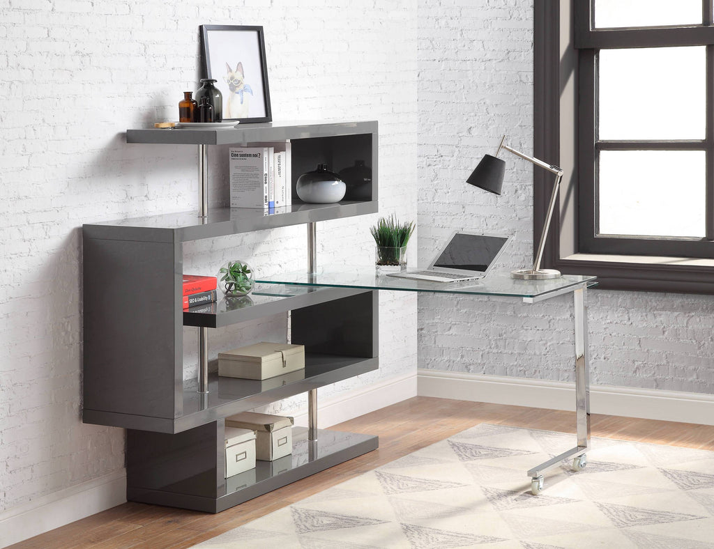 Buck II Clear Glass, Chrome High Gloss Finish Writing Desk with Shelf